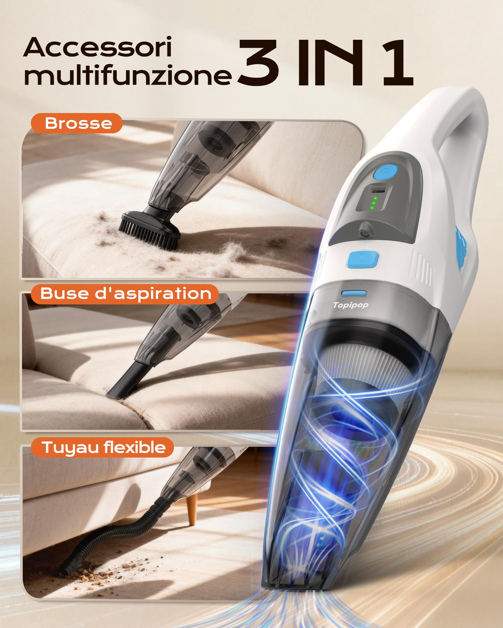 Topipop Aspirabriciole Senza Fili, 25000Pa Aspirapolvere Portatile con Stazione di Ricarica, Filtro HEPA Lavabile e Batteria 8000mAh, Include LED e 3 Spazzole per Casa, Pelo Animali, Auto (Bianco)