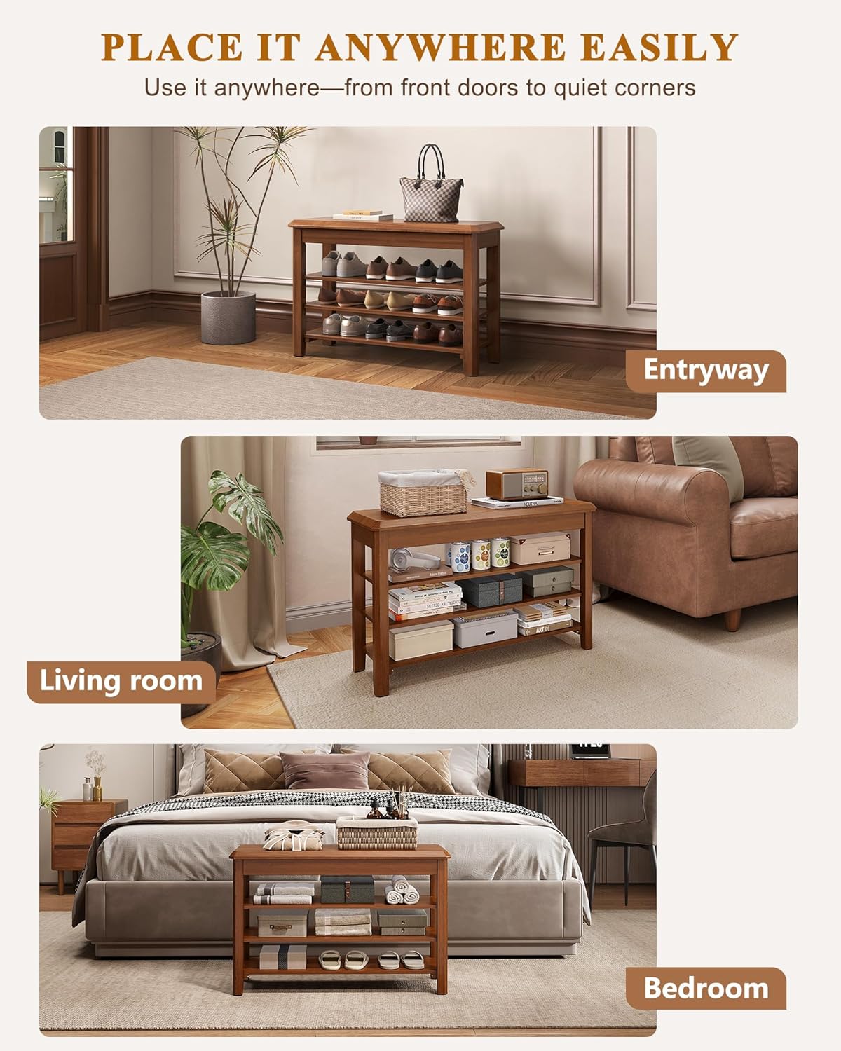 Shoe Rack Bench Seat Rubberwood 3-Tier Wooden Storage Bench 550lbs Compact Mid-Century Modern Design for Entryway, Hallway, Closet, Front Door Entrance, Foyer