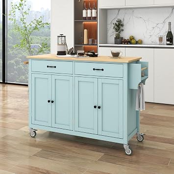 Kitchen Island on Wheels with Storage 54.3" W Rolling Island Cart for Kitchen with Cabinets 2 Drawers Spice Rack &Towel Rack, Moveable Kitchen Island with Solid Wood Top and Locking Wheels, Mint Green