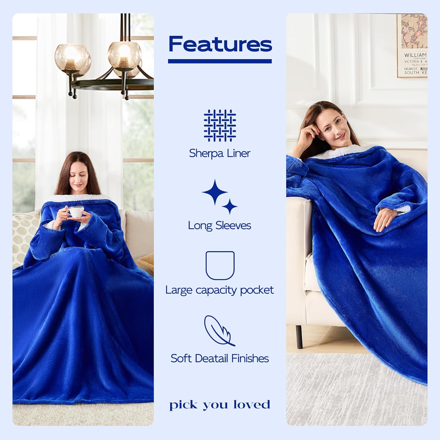 NORD ECO Wearable Blanket with Sleeves, Cozy Wearable Blanket with Arms and Pockets for Women Men, Warm TV Wrap Throw Blanket Robe as Gifts for Mom Wife, Navy Blue