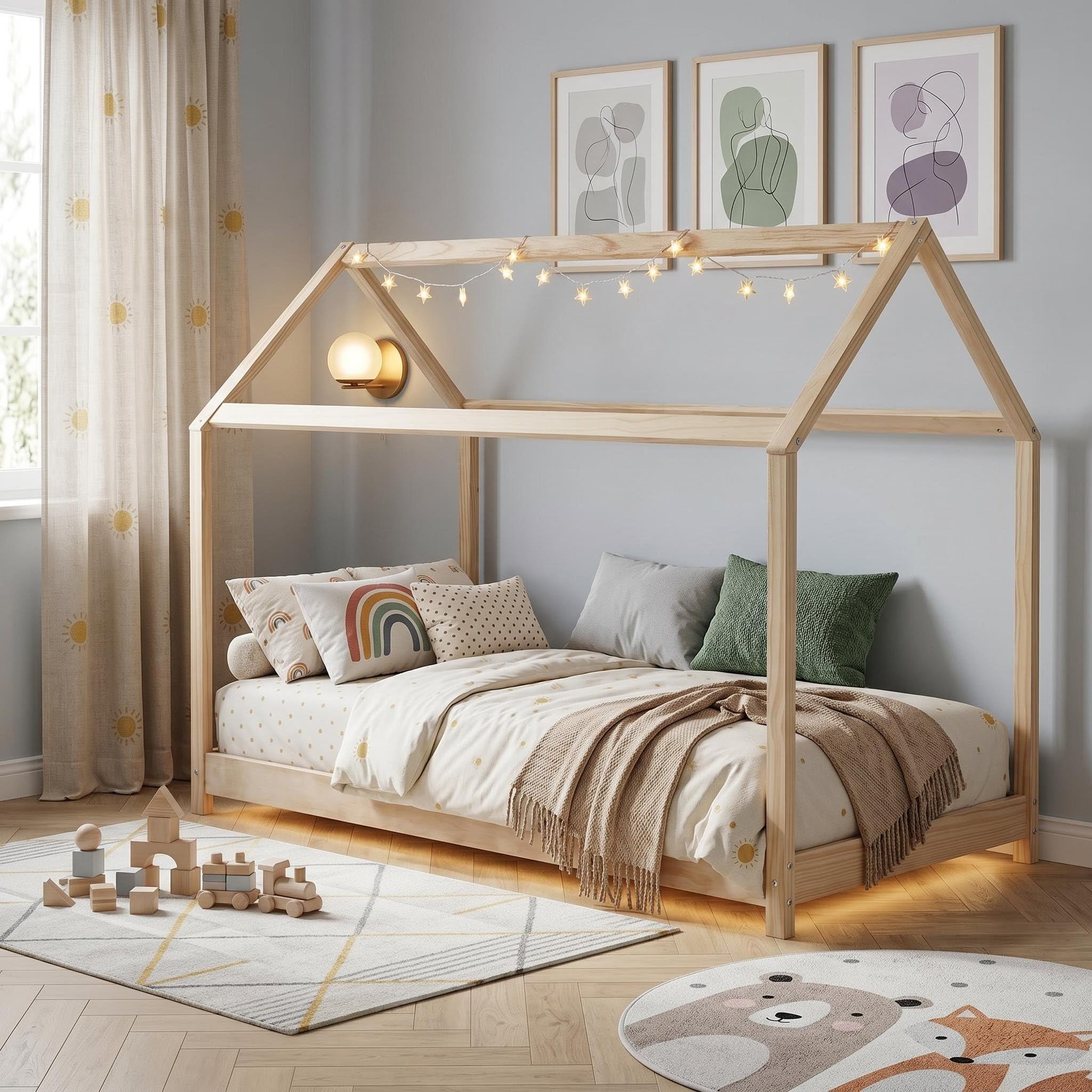 Panana Wooden Kids House Bed Frame, Solid Pine Wood Treehouse Style Childrens Floor Bed Frame for Toddlers and Children (Natural)