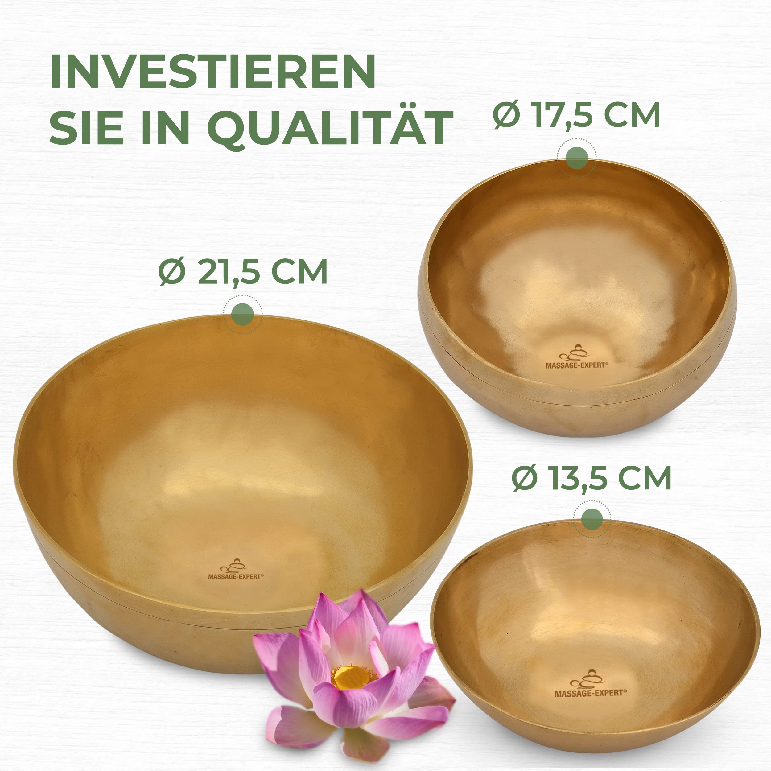 MASSAGE-EXPERT Klangschalen Set für Einsteiger [3 x Tibetische Klangschale], Von Mini Ø 13,5 cm - hoher Ton bis Groß Ø 21,5 cm - tiefer Ton, Für Klangmassage, Entspannung & Yoga