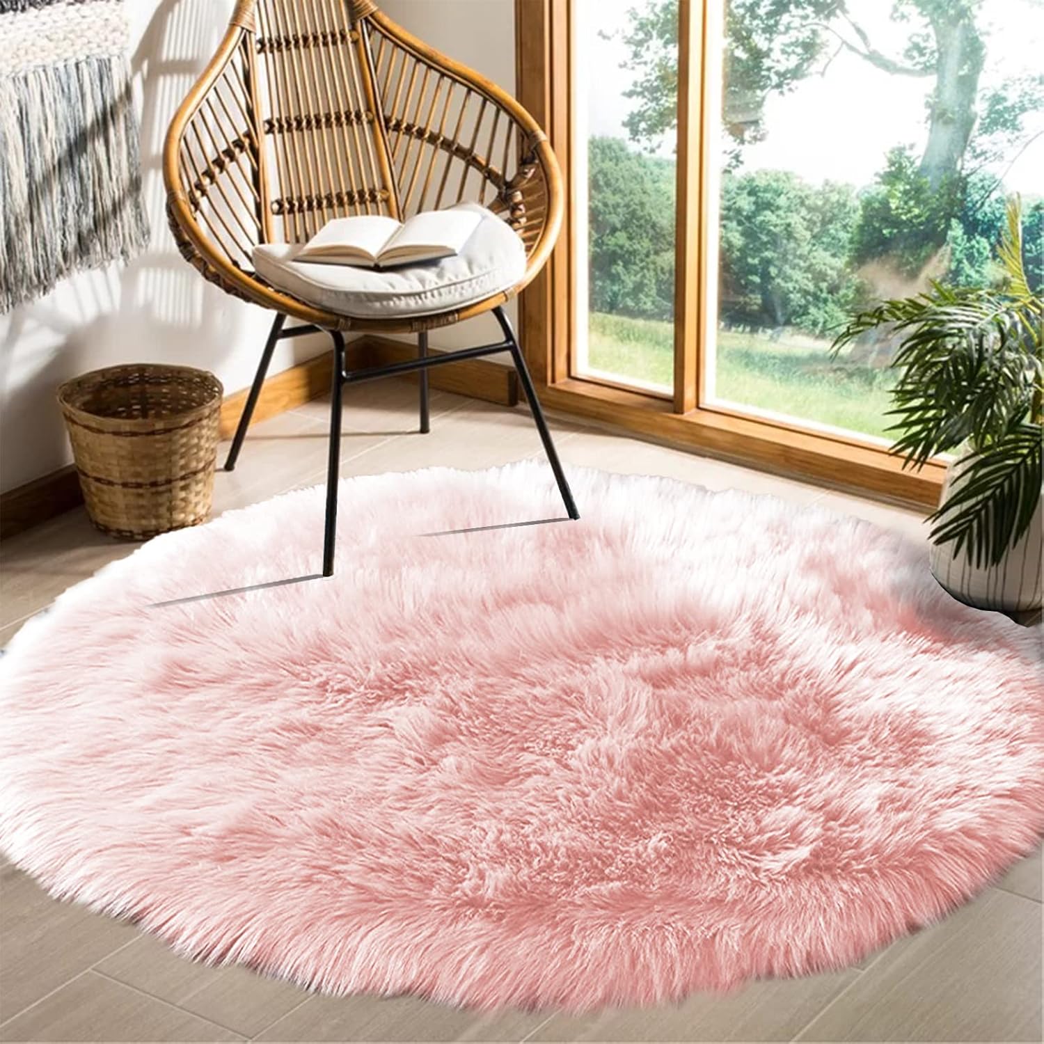 Goolela Round Pink Rug 5ft Circle Area Rug Fluffy Fuzzy