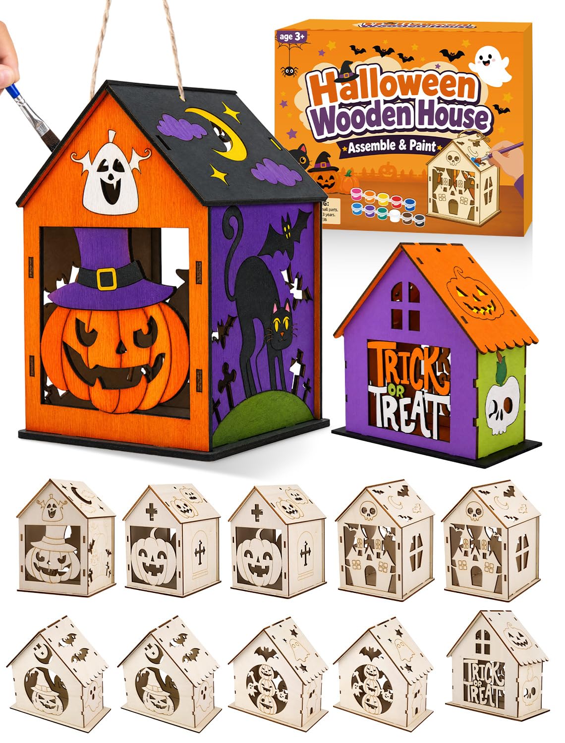 hapray 12 piezas de manualidades de casa de Halloween, kit de pintura de calabaza de madera para niños