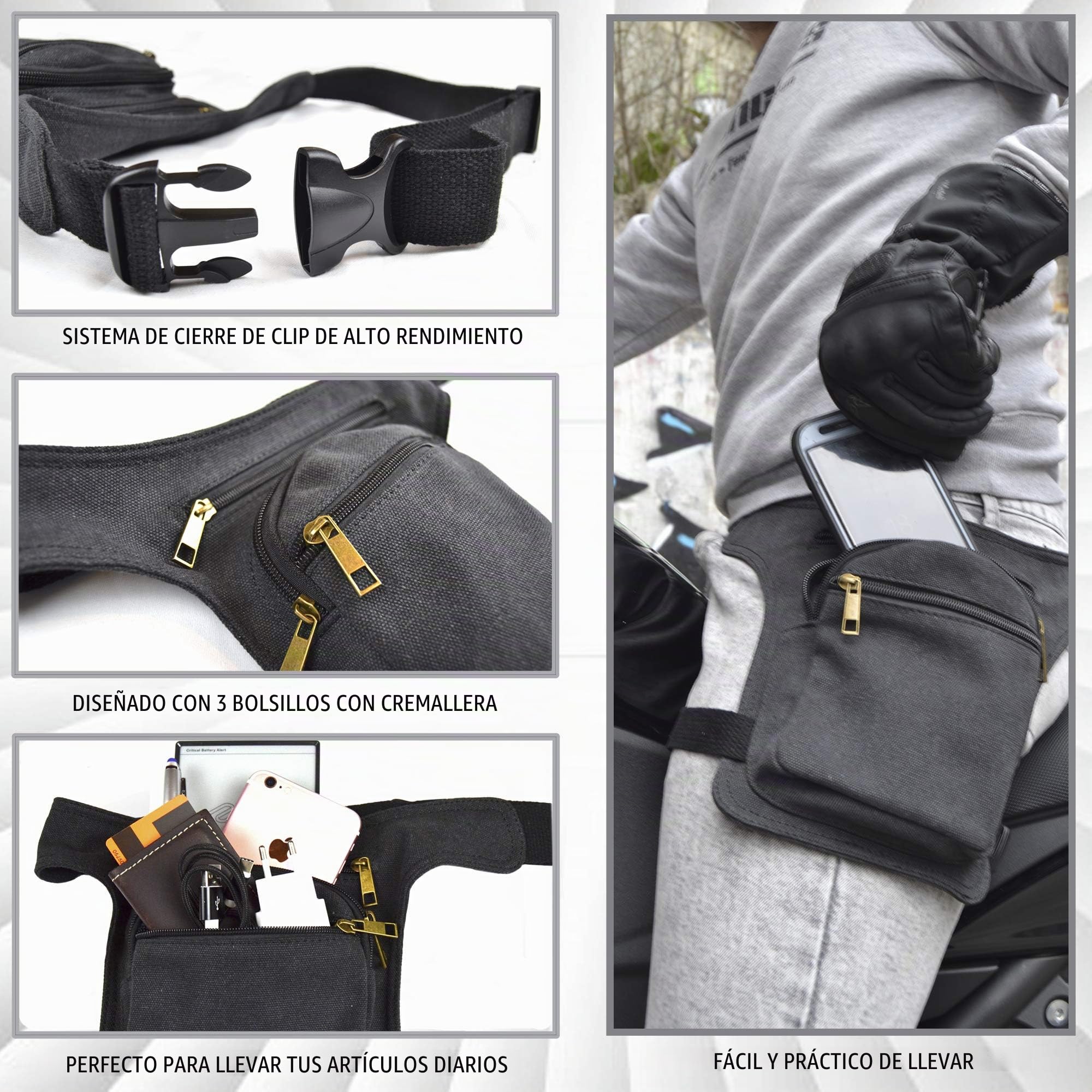 Riñonera Pierna Riñonera Lateral Pernera Moto Hippie con Cremallera, 3 Bolsillos y Doble Sujeción Unisex Negro Plomo