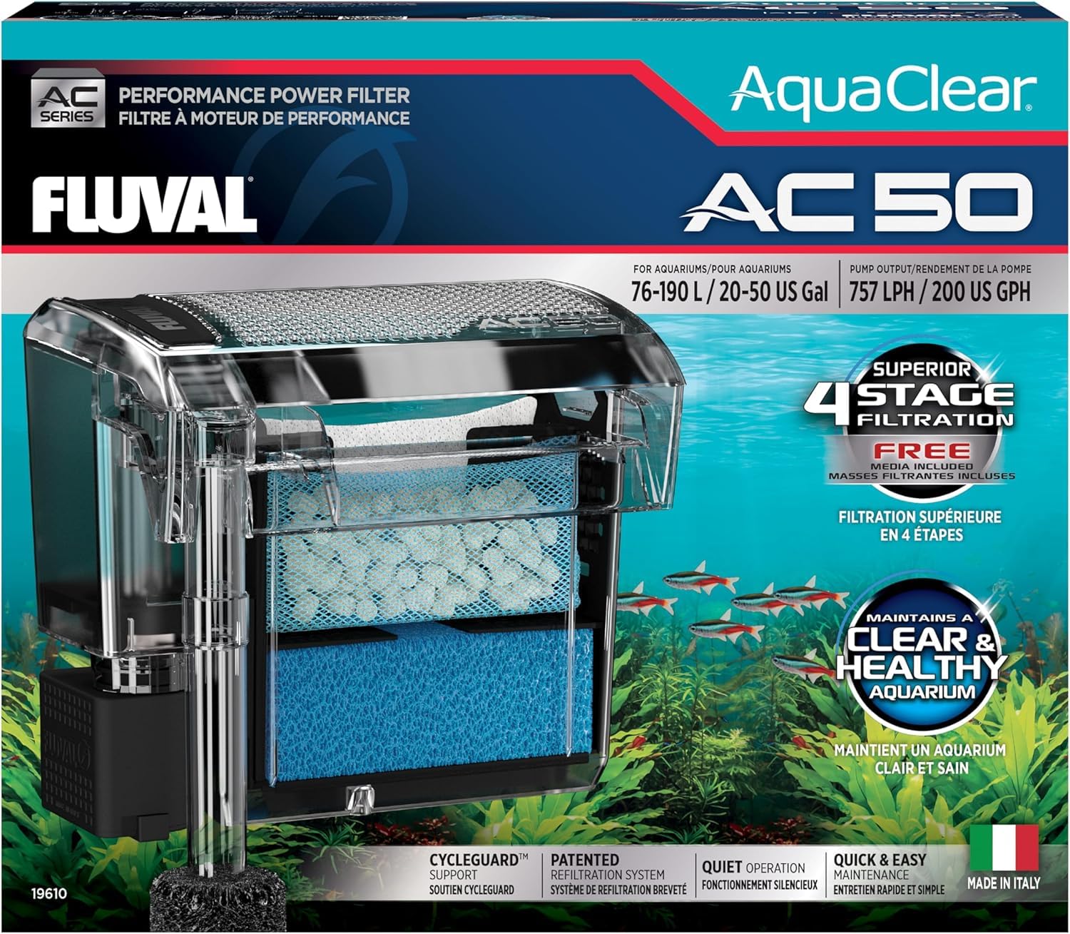 Fluval 50 Power Filter – Aquarium Filter for 20 to 50 Gallon Fish Tanks – Quiet Energy Efficient Pump – Mechanical, Chemical & Biological Filtration – Easy Install & Maintenance (Packaging May Vary)