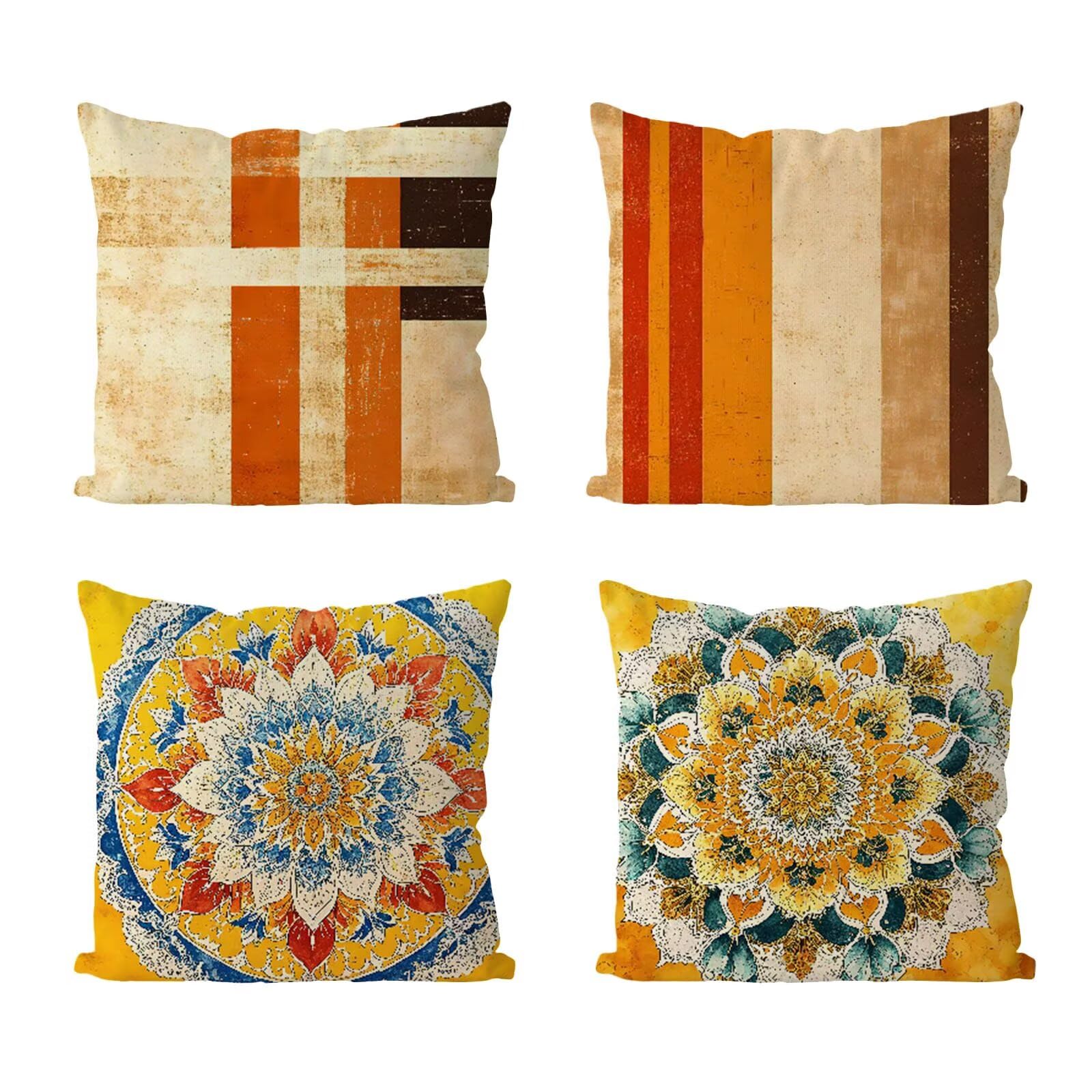 Kissenbezug 55x55 4er Set, Outdoor Kissen Mandala Sofakissen, Wasserdicht Kissenbezüge Gelb Dekokissen mit Unsichtbarem Reißverschluss, Zierkissenbezüge für Schlafzimmer Sofa Stuhl Bett Garten G1-603