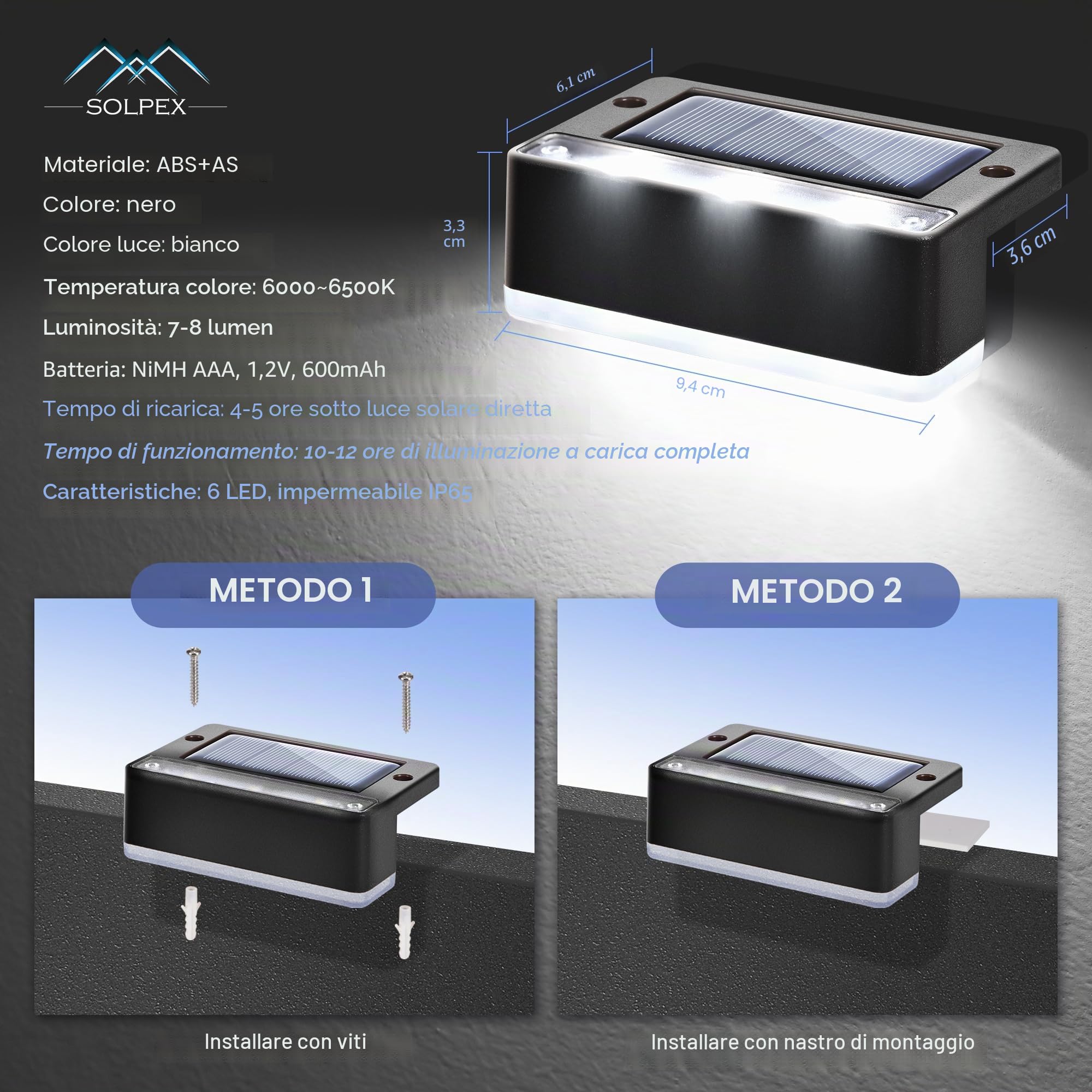 Solpex Lampade solari per esterni, 16 pezzi, luce bianca per scale, luci solari impermeabili, illuminazione a LED per scale esterne, gradini, recinzione, giardino, cortile, decorazione (nero)