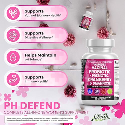 Miniatura 5 de Clean Nutraceuticals Probióticos vaginales para mujeres + prebióticos 20 mil millones de pastillas de arándano con D-manosa 500 mg para equilibrio