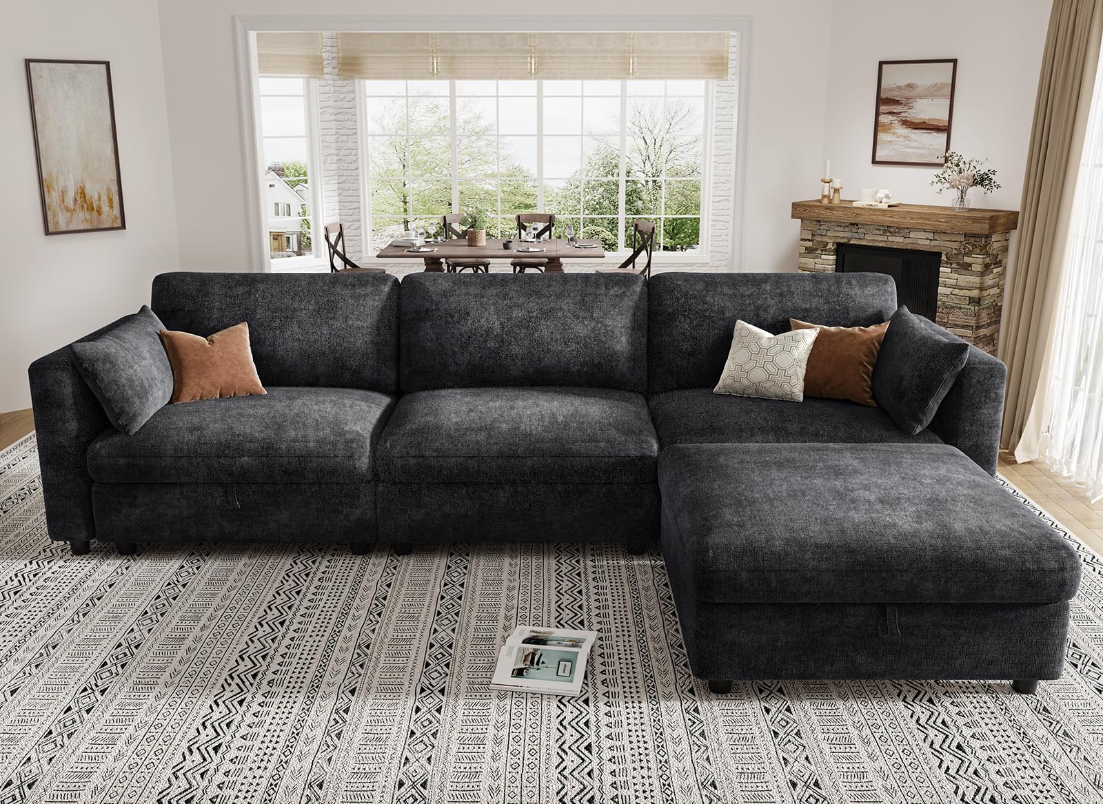 KKL Modular Sectional Sofa Couches for Living Room, 113" L Shaped Sofa with Adjustable Backrest, Oversize Couch Down Filled Sectional Sofa with Storage Ottoman Chenille, Black