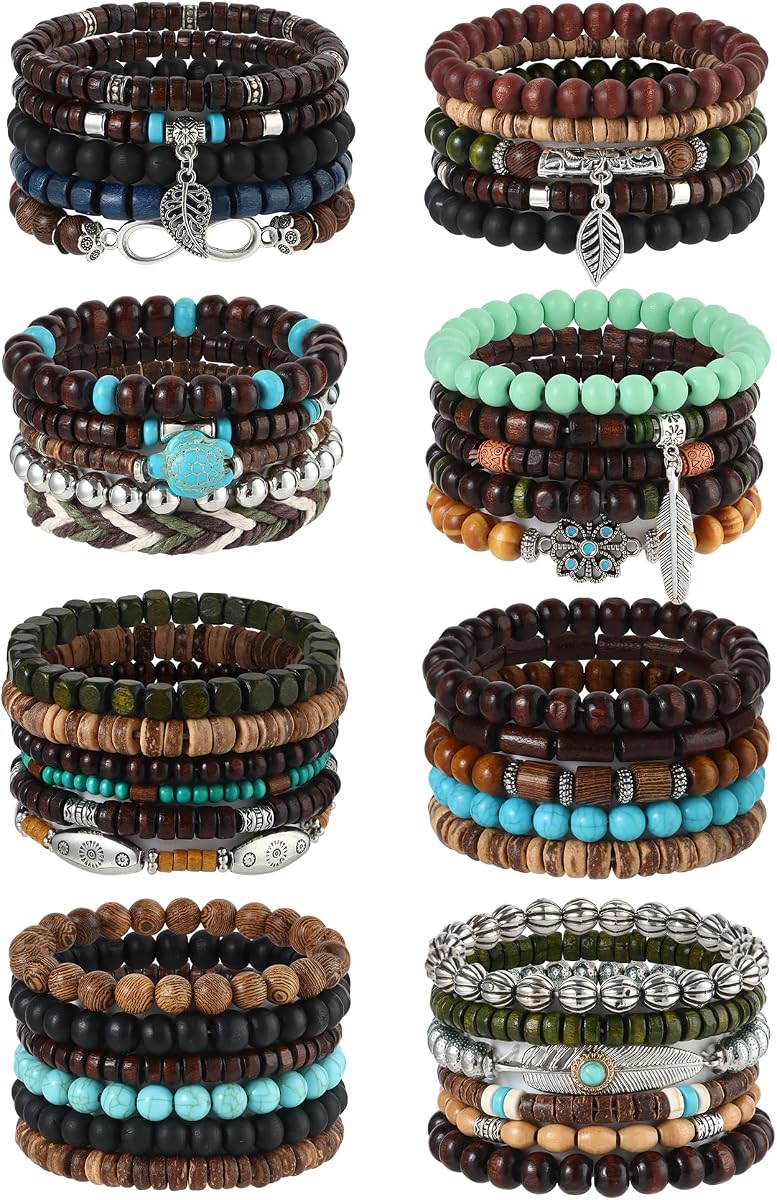 SONNYX 43Pcs Punk Wooden Beads Bracelets Gothic Bracelet for Men | Adjustable Vintage Beaded Bracelet Metal Set Wood Bangles Wristbands Commemorative Gift