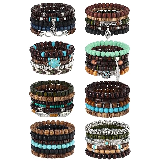 SONNYX 43Pcs Punk Wooden Beads Bracelets Gothic Bracelet for Men | Adjustable Vintage Beaded Bracelet Metal Set Wood Bangles Wristbands Commemorative Gift