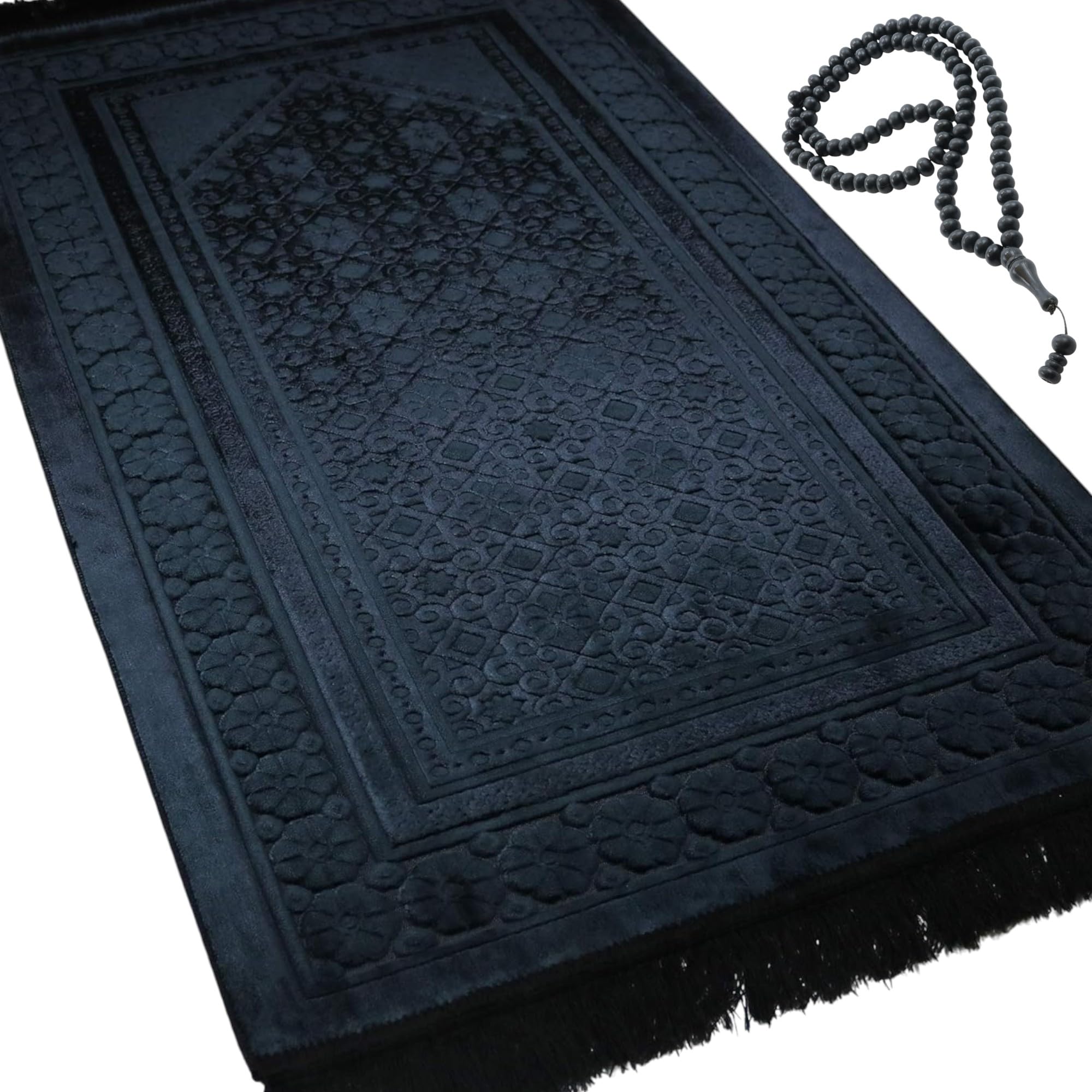 Velvet Prayer Rug - Soft Plush Turkish Janamaz Sajada Carpet for Men and Women - Plain Solid Prayer Mat Ramadan Eid Gift - with Prayer Beads - Luxury Floral Stamp (Black)
