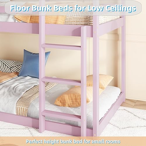 Miniatura 87 de Litera baja individual sobre individual, base de cama de madera maciza con escalera y barandillas de seguridad, literas individuales para niños y