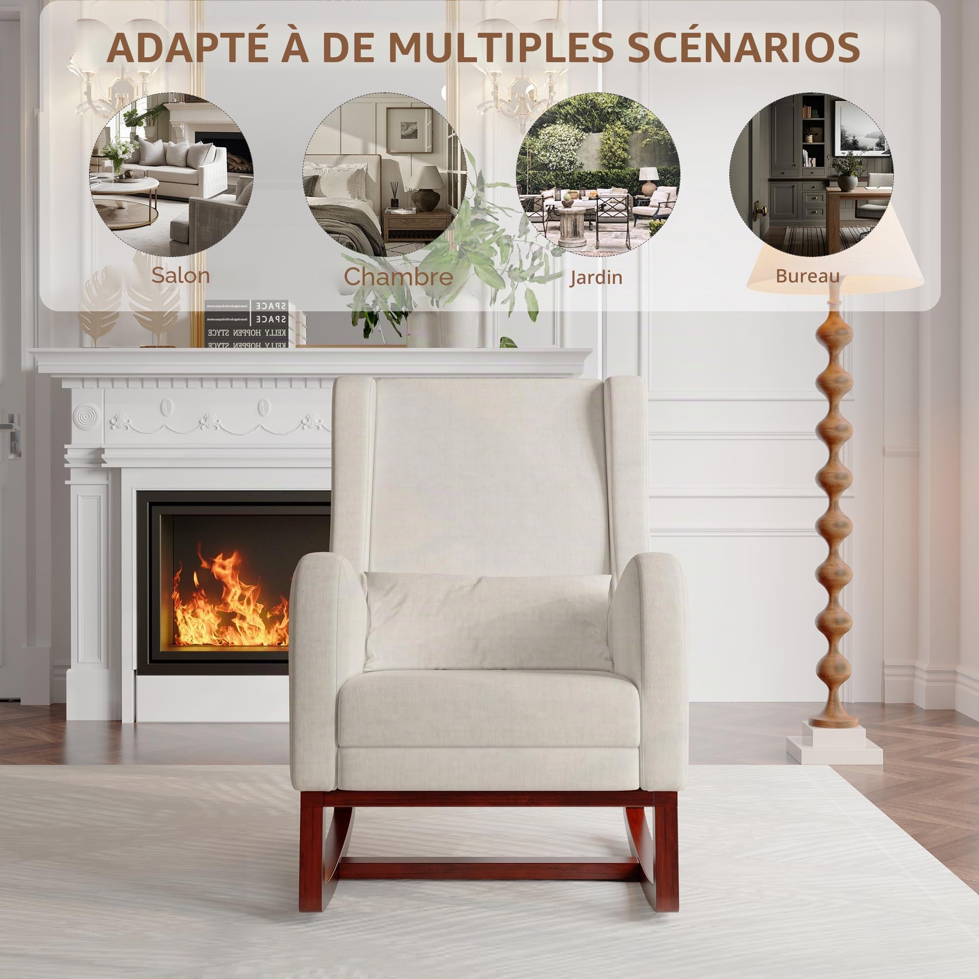Fauteuil à Bascule avec Repose-Pieds,Chaise Allaitement avec Coussin Lombaire et 2 Poches Latérales,Fauteuil d'allaitement avec Pieds en Bois Massif, pour Salon, Chambre, Beige