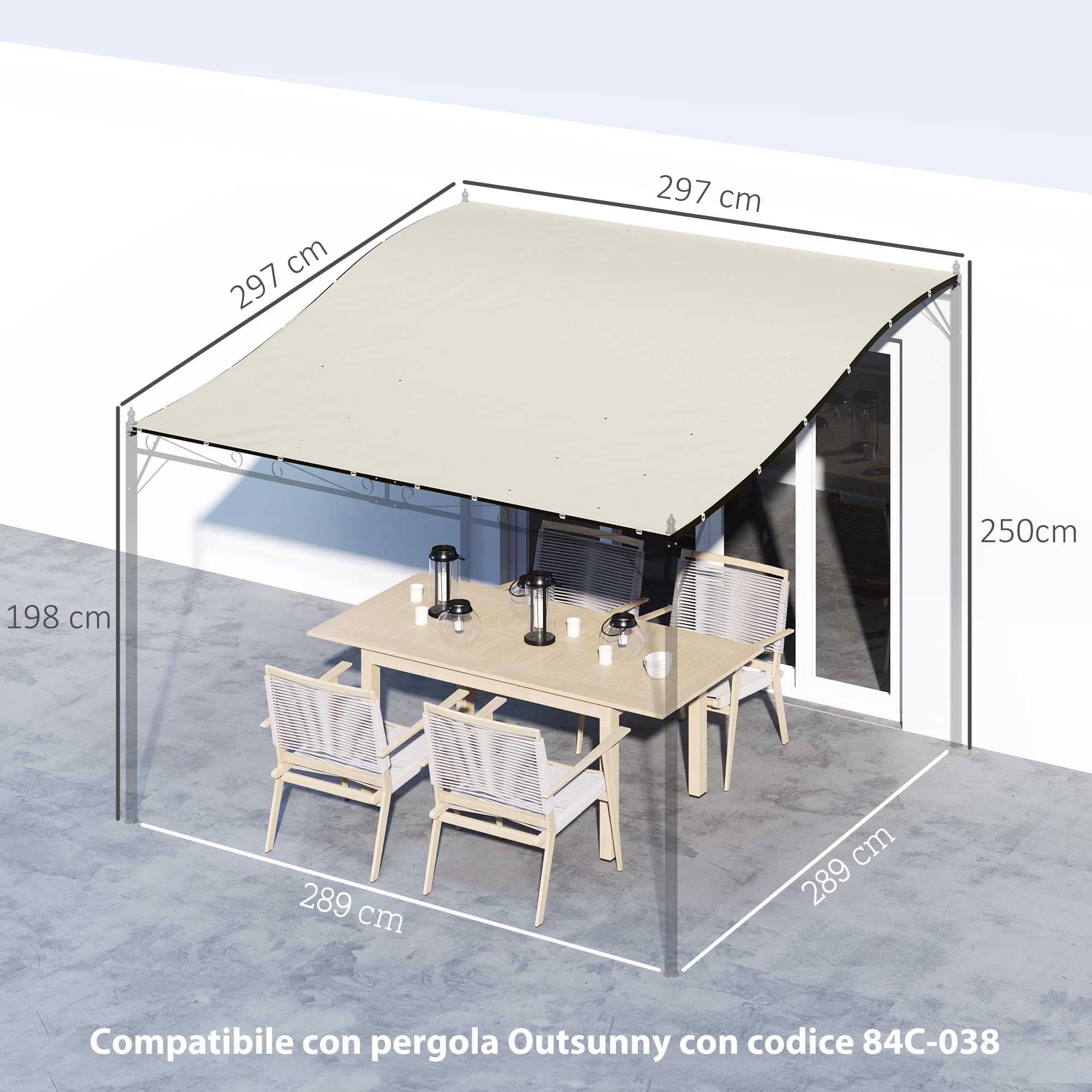 Outsunny Telo di Ricambio per Pergola da Giardino 3x3 m con 16 Fori di Drenaggio, Ganci e Anelli, Copertura per Gazebo Pergola in Poliestere, Beige