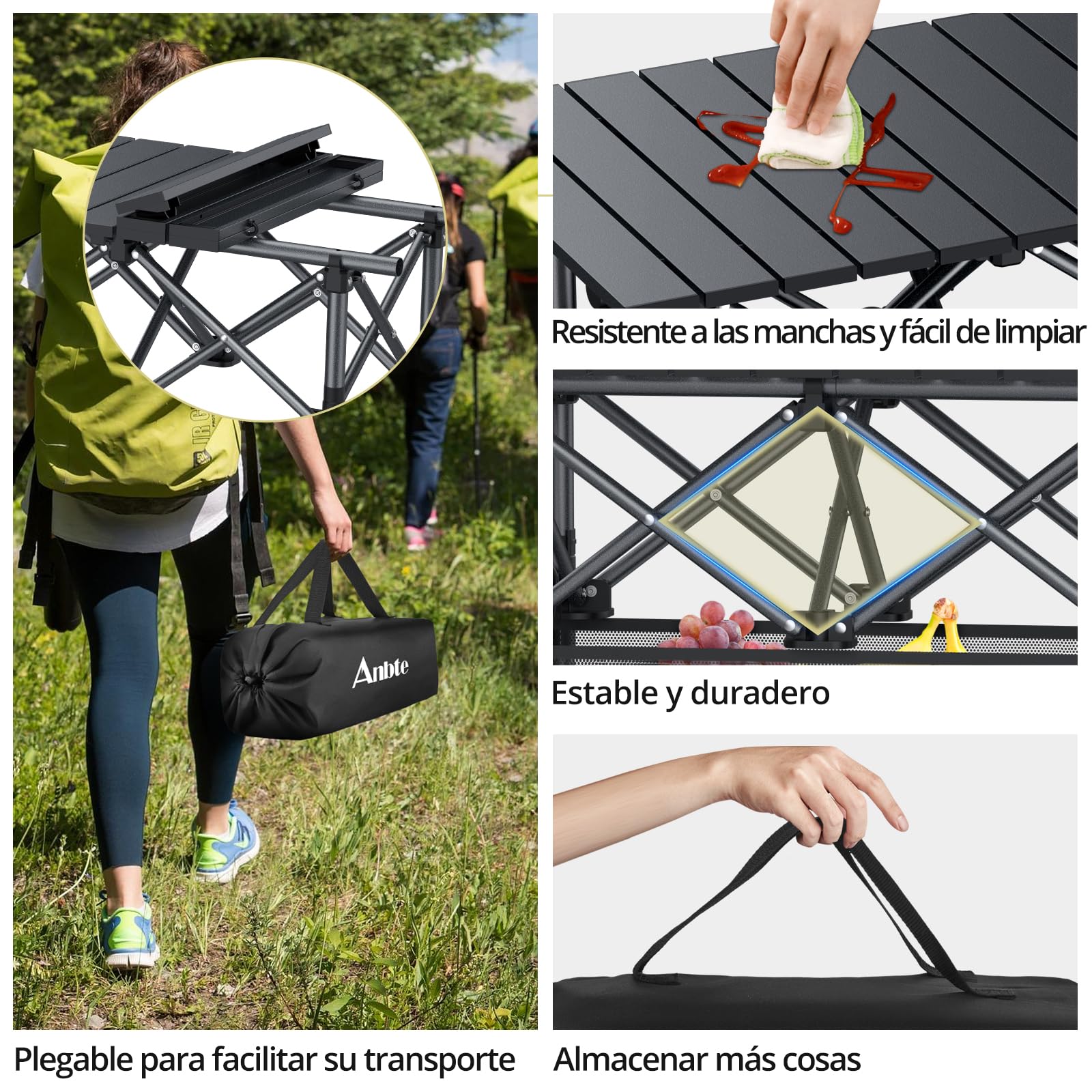 Anbte Mesa Plegable Camping 64 x 40 x 44/70cm, Mesa de Acampada Portátil | Aluminio Impermeablepara Picnic Playa Oficina Balcón Interior-Negro