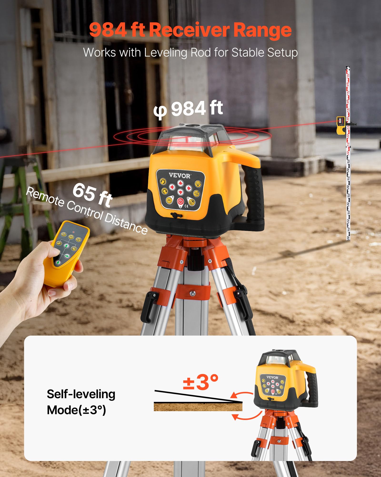 VEVOR Kit de Nivel Láser Giratorio con Trípode y Mira Telescópica Láser Roja, Alcance de 300 m, Giro de 360°, Ángulo de Escaneo Flexible, con Receptor de Control Remoto y Estuche de Transporte
