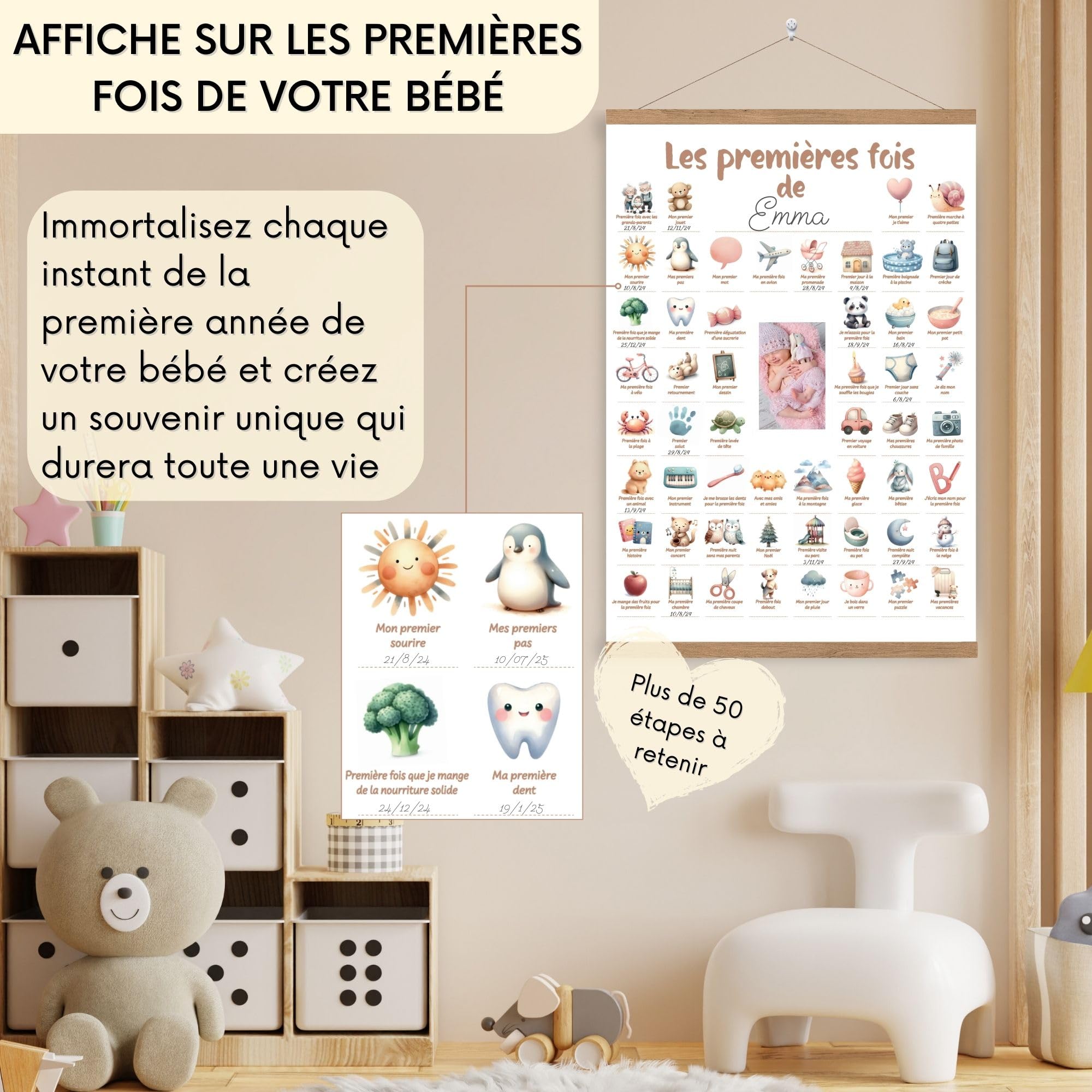 HuBorns - Affiche Mes Premieres Fois Bebe pour Rappeler des Étapes Importantes, Tableau Mes Premières Fois Bébé à Personnaliser, Inclus Bandes Bois pour Accrocher, Parfait comme Cadeau Bebe Naissance