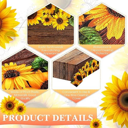 Miniatura 3 de Tegeme 2 manteles desechables de girasol de 42.5 x 70.8 pulgadas, de plástico, rústico, vintage, rectangular, mantel para mesa de comedor, cocina,