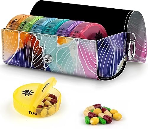 AATACAS Organizador de píldoras 2 veces al día con funda de piel sintética impresa para viajes, organizador redondo de medicina, contenedor de