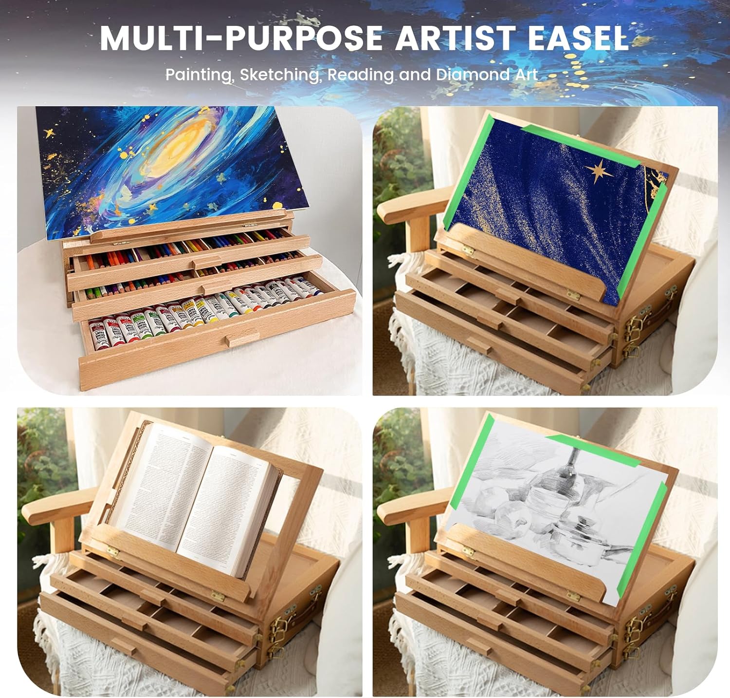 Tabletop Easel for painting with Storage, Wooden Artist Box Easel with 3 Drawers, Adjustable Desk Easel for Painting, Beechwood Art Supply Organizer with Handle & Strap for Adults Artists (Beech Wood)