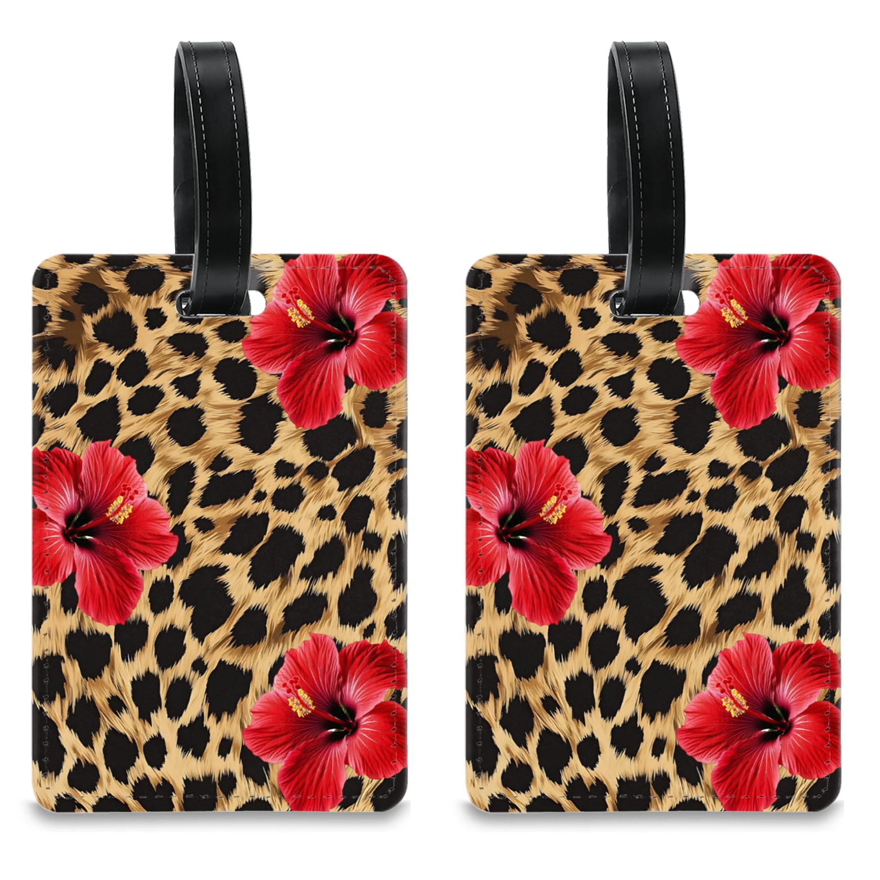 2 Pack GCACE Luggage Tag for Suitcase, Leopard Print and Hibiscus Flower Luggage Tags Identifiers with Name Address Labels & Durable PU Loop for Women