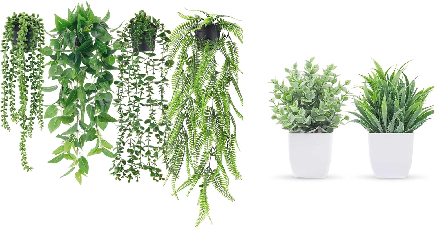 Der Rose Bundle of 4 Packs Fake Plants and 2 Packs Small Fake Potted Plants for Table Desk Home Bathroom Office Decor