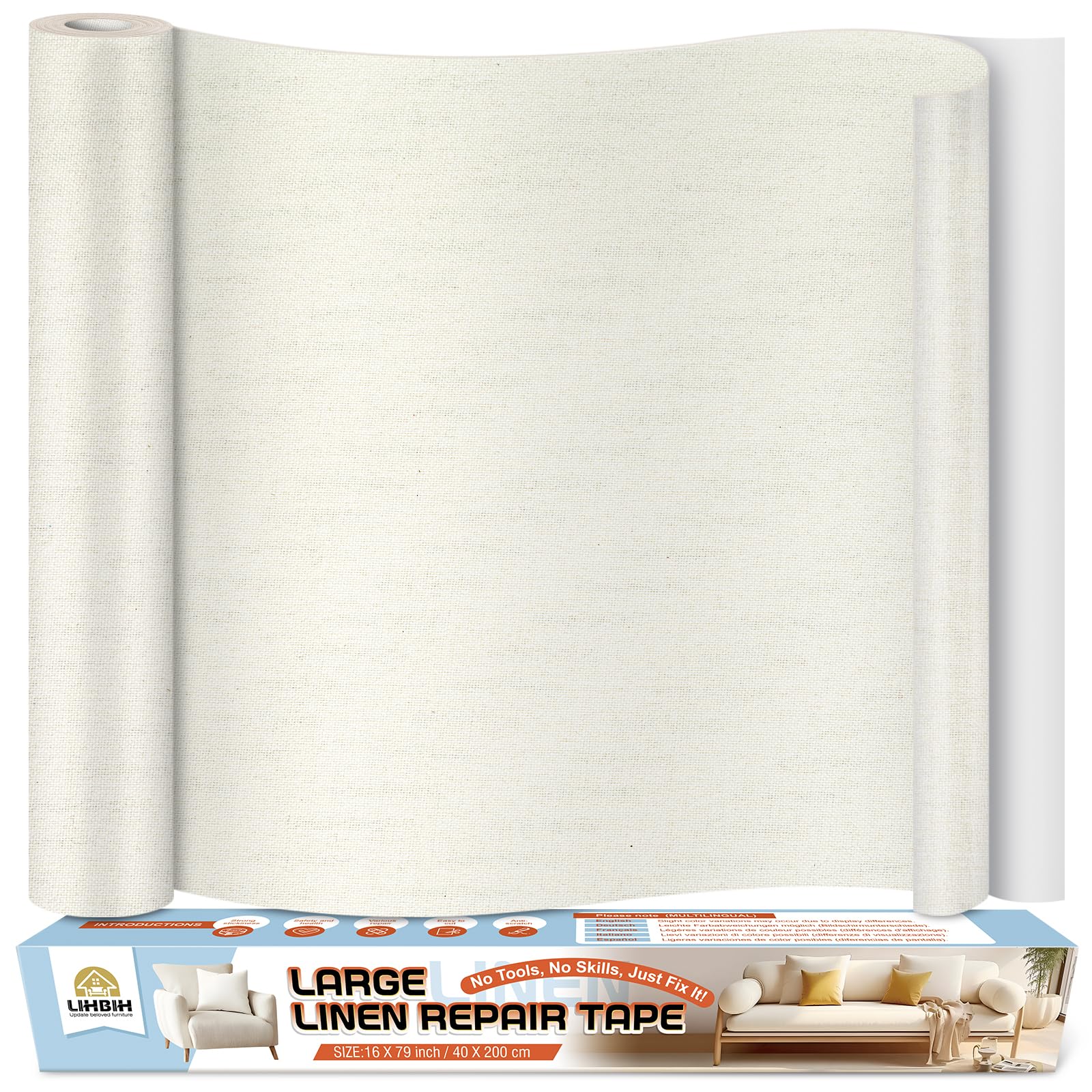 Flicken Selbstklebend Stoff Reparaturset, 40x200 cm Selbstklebender Stoff Flicken Leinen Reparatur Patch, Leinenstoff Patches Selbstklebend für Sofas, Autositze, Bootssitze, Bürostühle, Beige Weiß