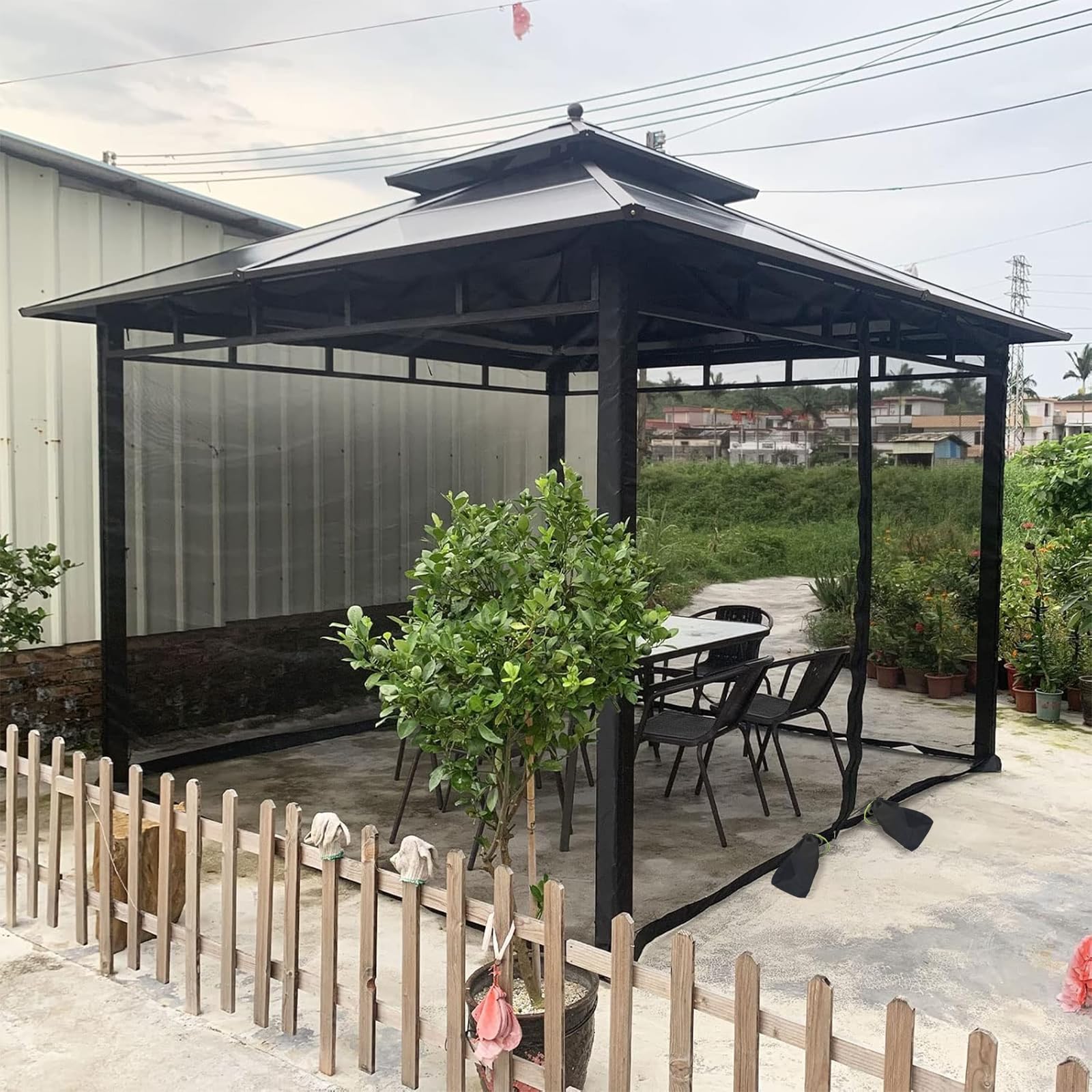 2025 Moskitonetz Outdoor,4-Teilige Sonnenschirm Mesh Moskitonetz Balkon mit Reißverschluss für Pavillon Balkon Wird mit Einer tragenden Tasche geliefert mit Gewichtsbeutel(schwarz, 300 cm x 300 cm)