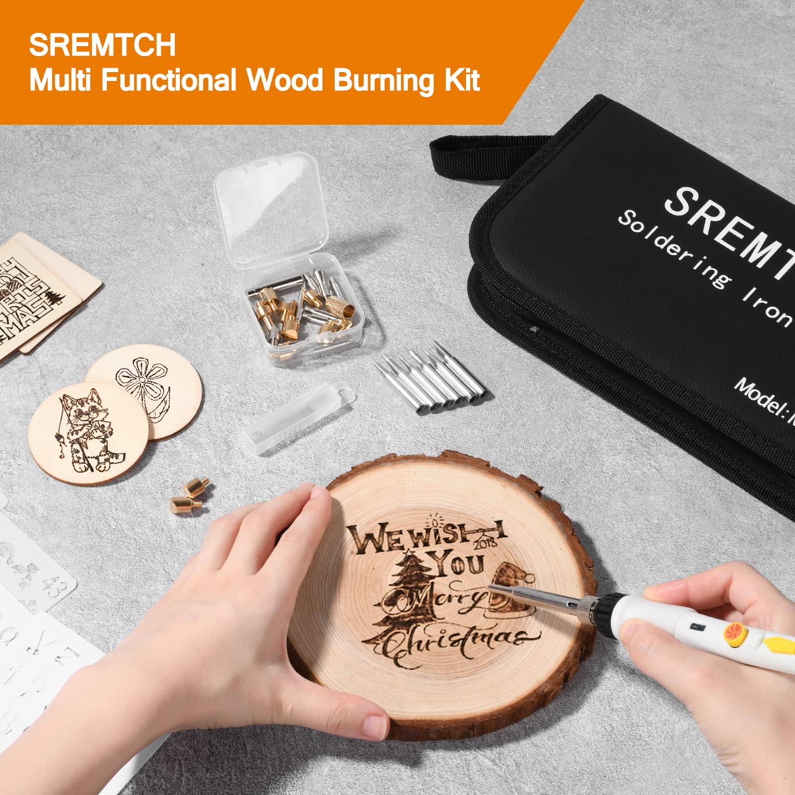 Kit Pirograbador de Madera SREMTCH 60W, 40 in 1 Temperatura Regulable 200°C y 450°C 30 Puntas y Accesorios,Soldador Electrico Profesional Herramientas Para Manualidades Cuero,Grabado