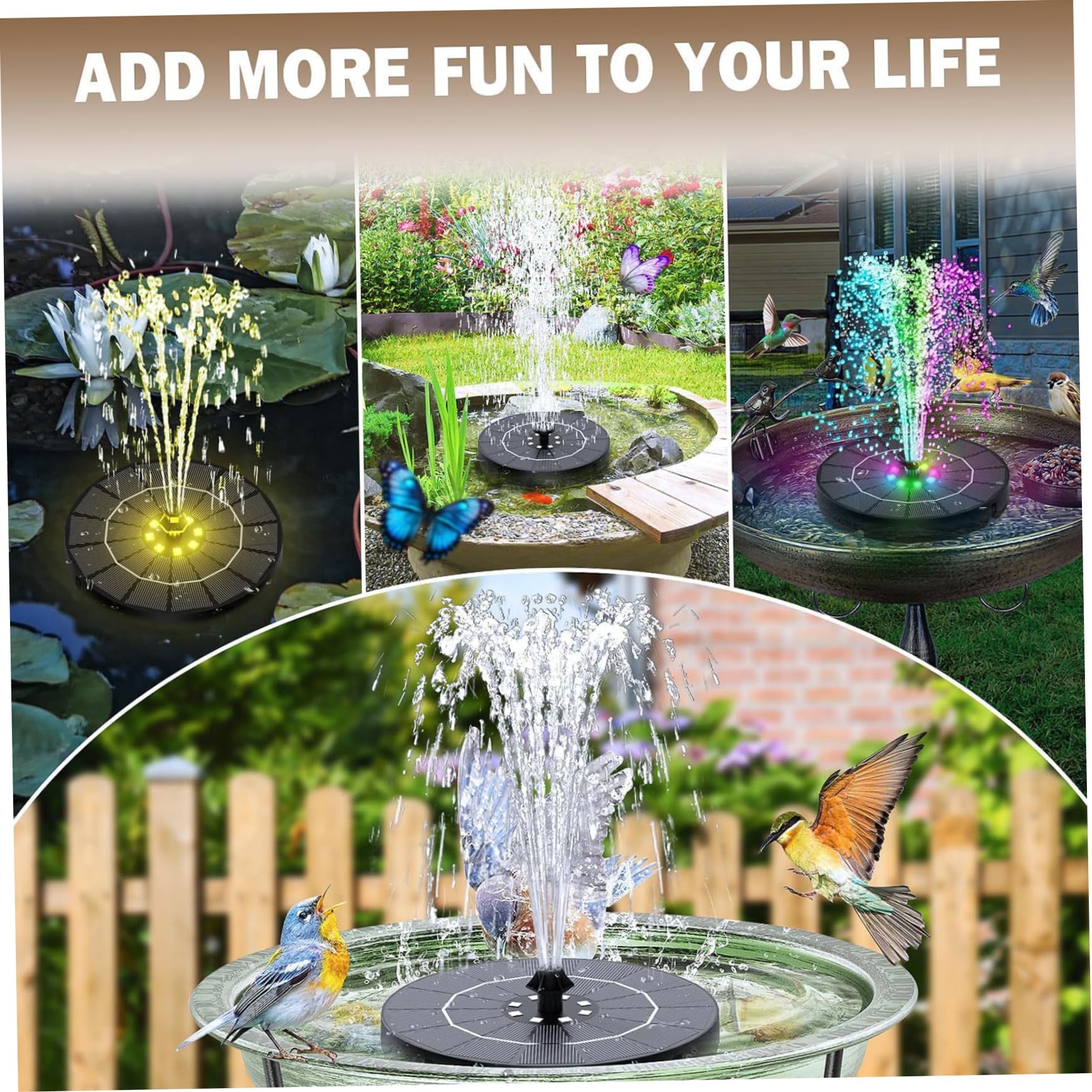 Fuente Solar para baño de pájaros, Bomba de Fuente Solar Negra de 3, 5 W con Luces LED Coloridas y boquillas reemplazables para baño de pájaros, jardín, Estanque, Piscina