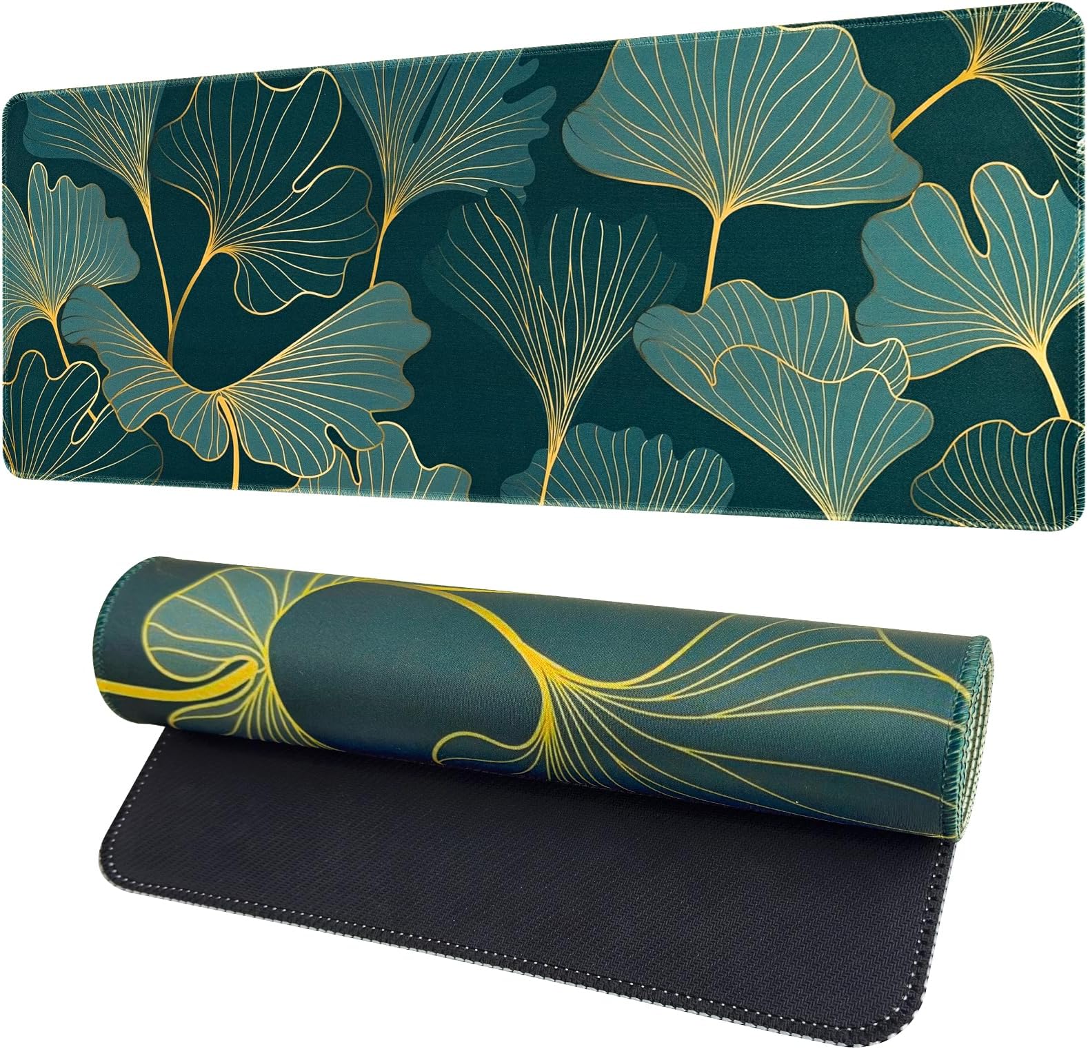 Spring Desk Mat,Large Gaming Mouse Pad for Desk,Non-Slip Rubber Base Desktop Protector Mat,Gold Line Leaves Mouse Pad for Keyboard, Laptop & Computer, 31.5 x 11.8 Inch