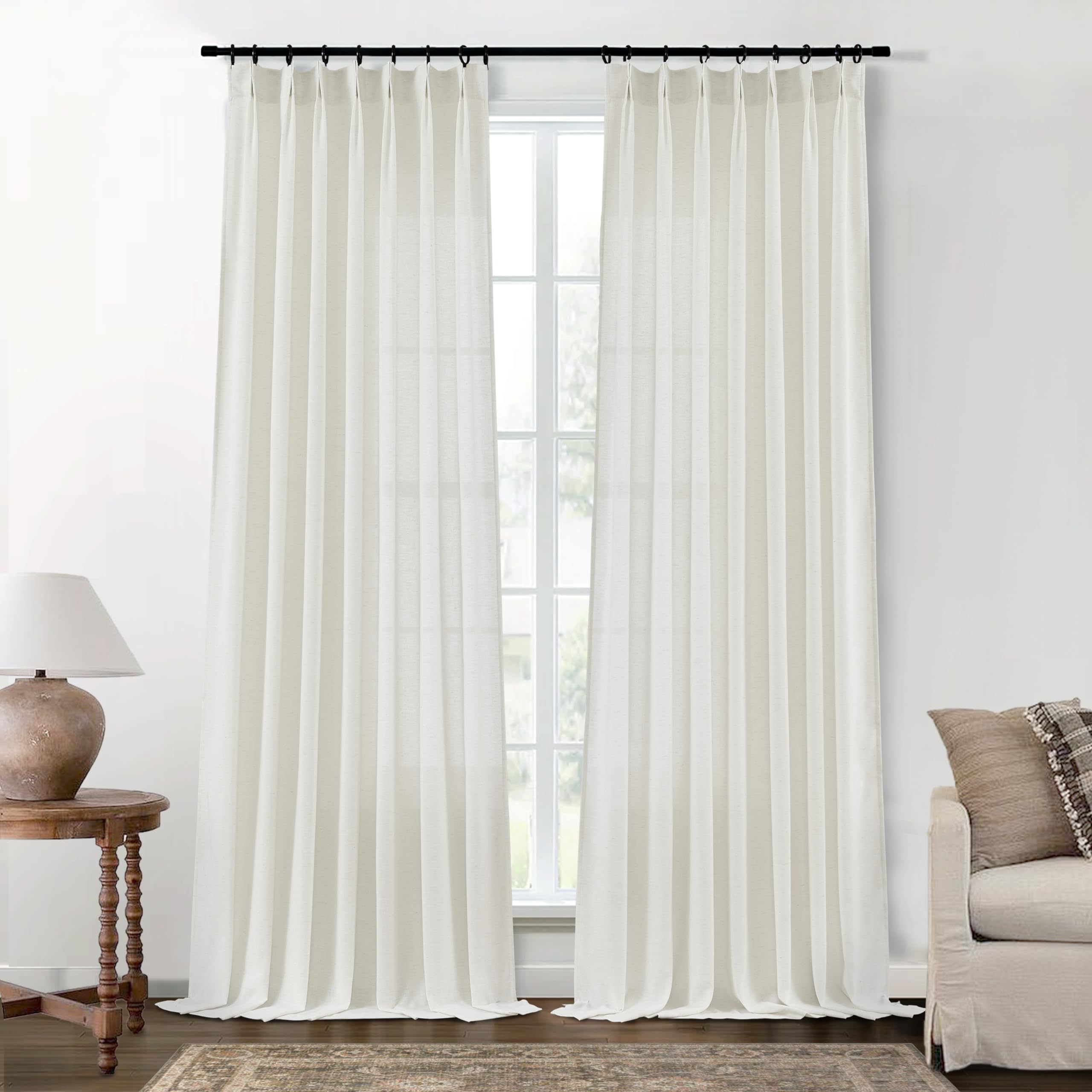 SHINELAND Sliding Door Curtains for Patio,100 Inch Long Linen Extra Wide Window Light Filtering Semi Sheer Double Pinch Pleated Custom Curtains for Sliding Glass Doors Sunroom 2 Panels Set