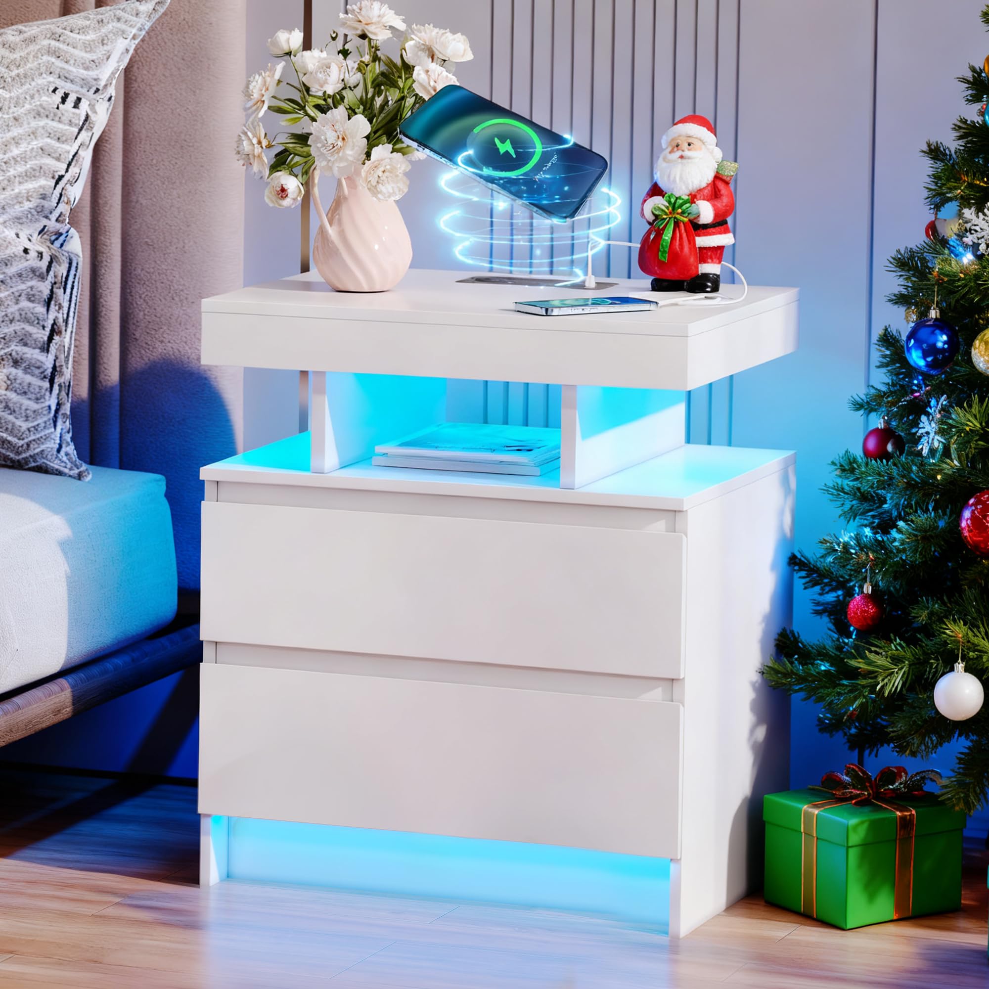 Comodino Moderno Gurexl Con Luci LED RGB, Ricarica Wireless, Sensore Di Movimento, 3 Cassetti - Bianco Comodino Moderno Gurexl Con Luci LED RGB, Ricarica Wireless, Sensore Di Movimento, 3 Cassetti - Bianco