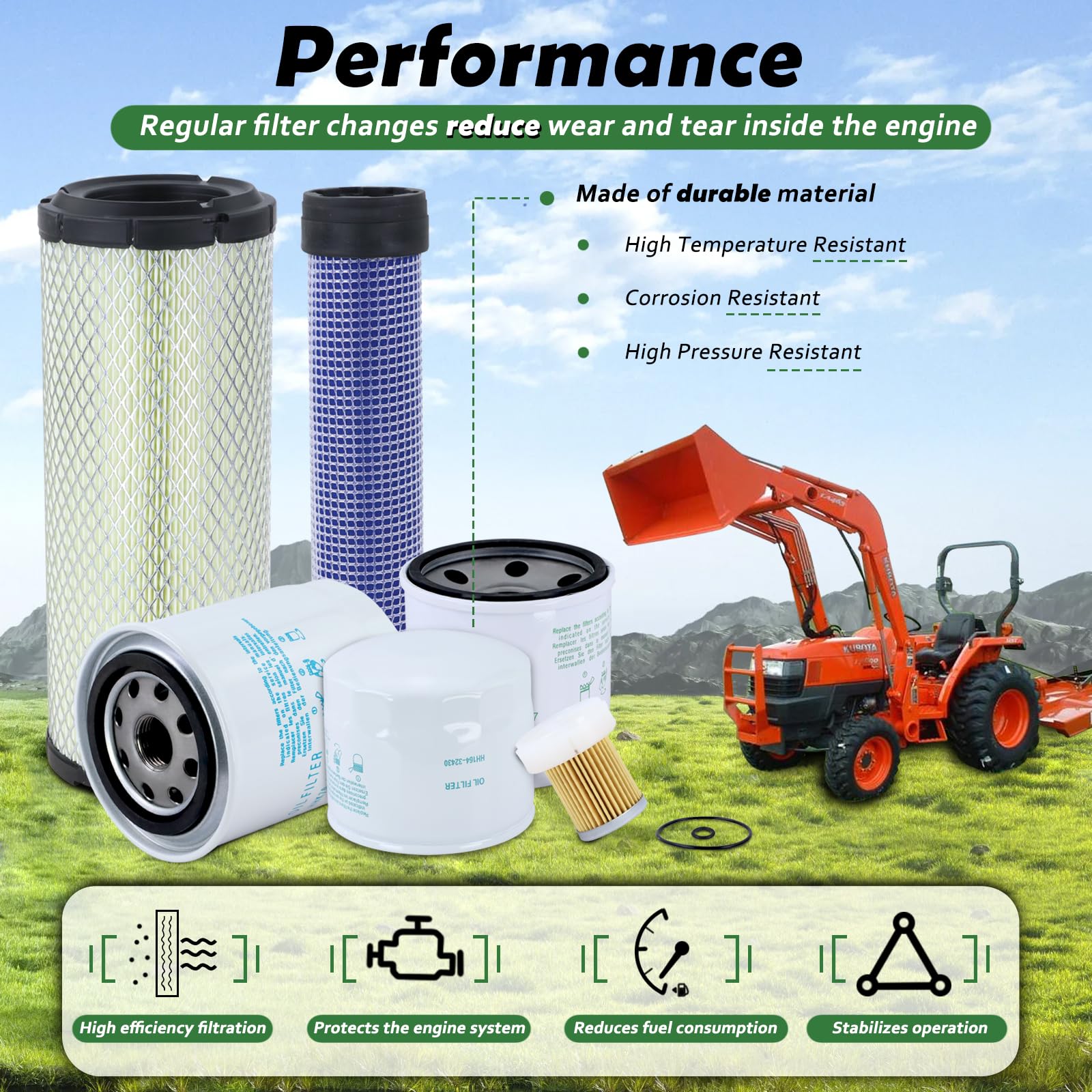 Tune Up - Kit de filtros de servicio de mantenimiento compatible con Kubota L2501 L2800 L3200 L3400 L3700SU L3800 HST Tractor, filtro hidráulico de aire y aceite de repuesto # HH164-32430 HH3A0-82623