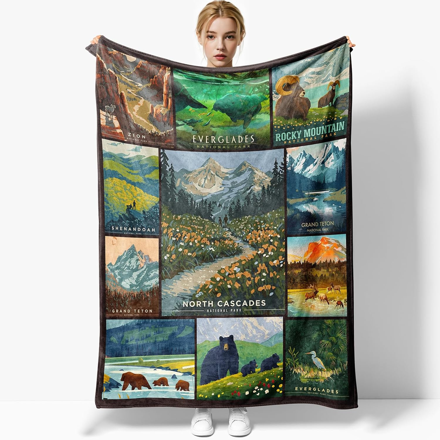 National Park Blanket, Natural Scenery Flowers Forest Bear Animal Combination Bedroom Travel Living Room Sofa Cover Blanket for Kids Boys Girls Teens Adults 50 x 40 Inch
