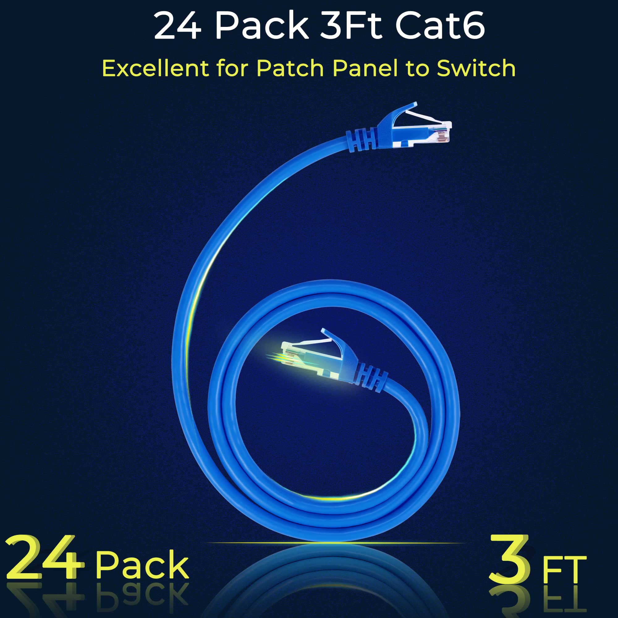 Rapink Cavi patch Cat6 da 0,9 m (confezione da 24), cavo patch Ethernet 10G, cavo patch Cat 6 per pannello patch a switch, cavo Ethernet flessibile Cat 6 con placcato oro blu