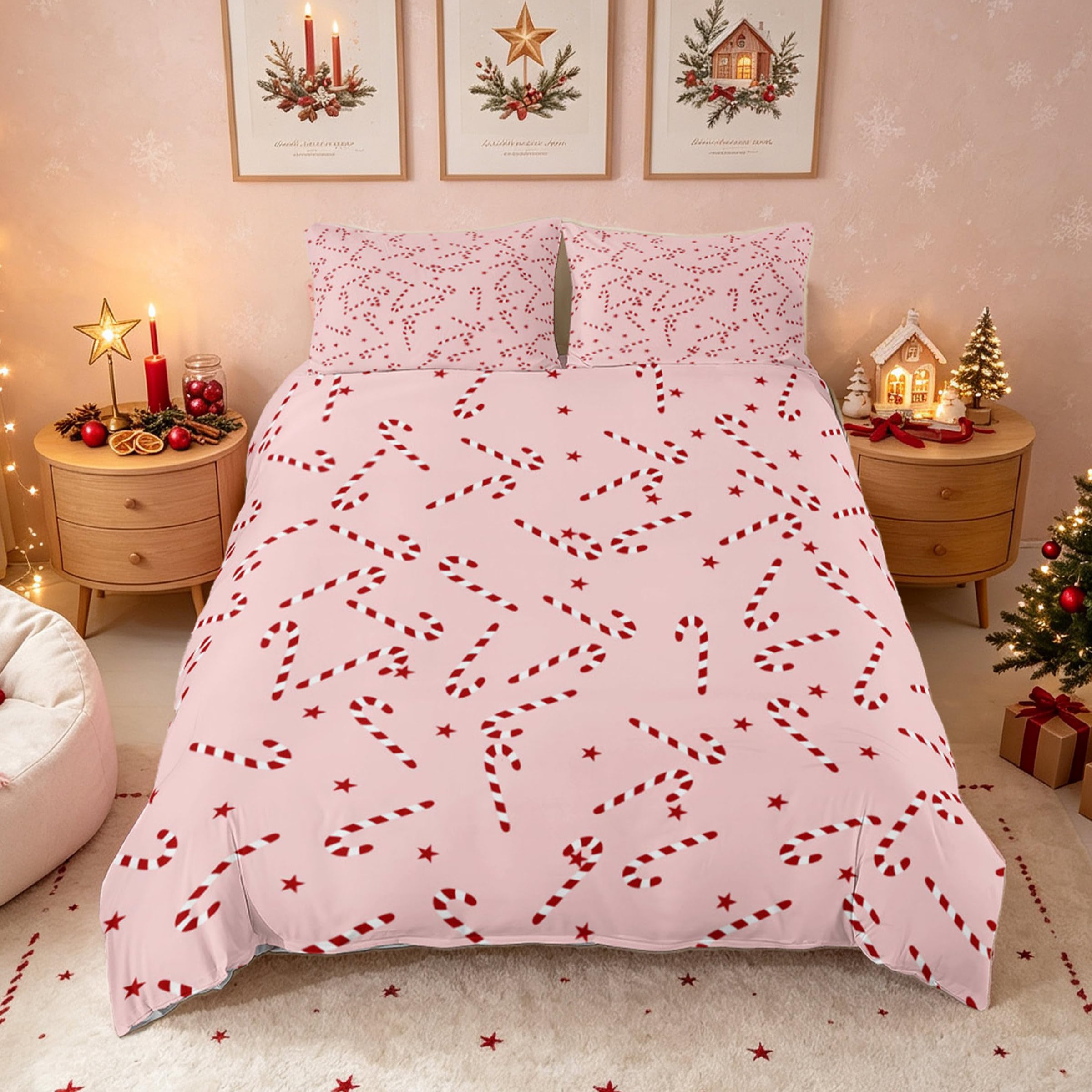 Homemissing Merry Christmas Duvet Cover Set Super King Size For Kids Adults Girls Teens Xmas Candy Cane Bedding Set Pink Xmas Duvet Cover with 2 Pillowcases Christmas Theme Bed Sets — image 1