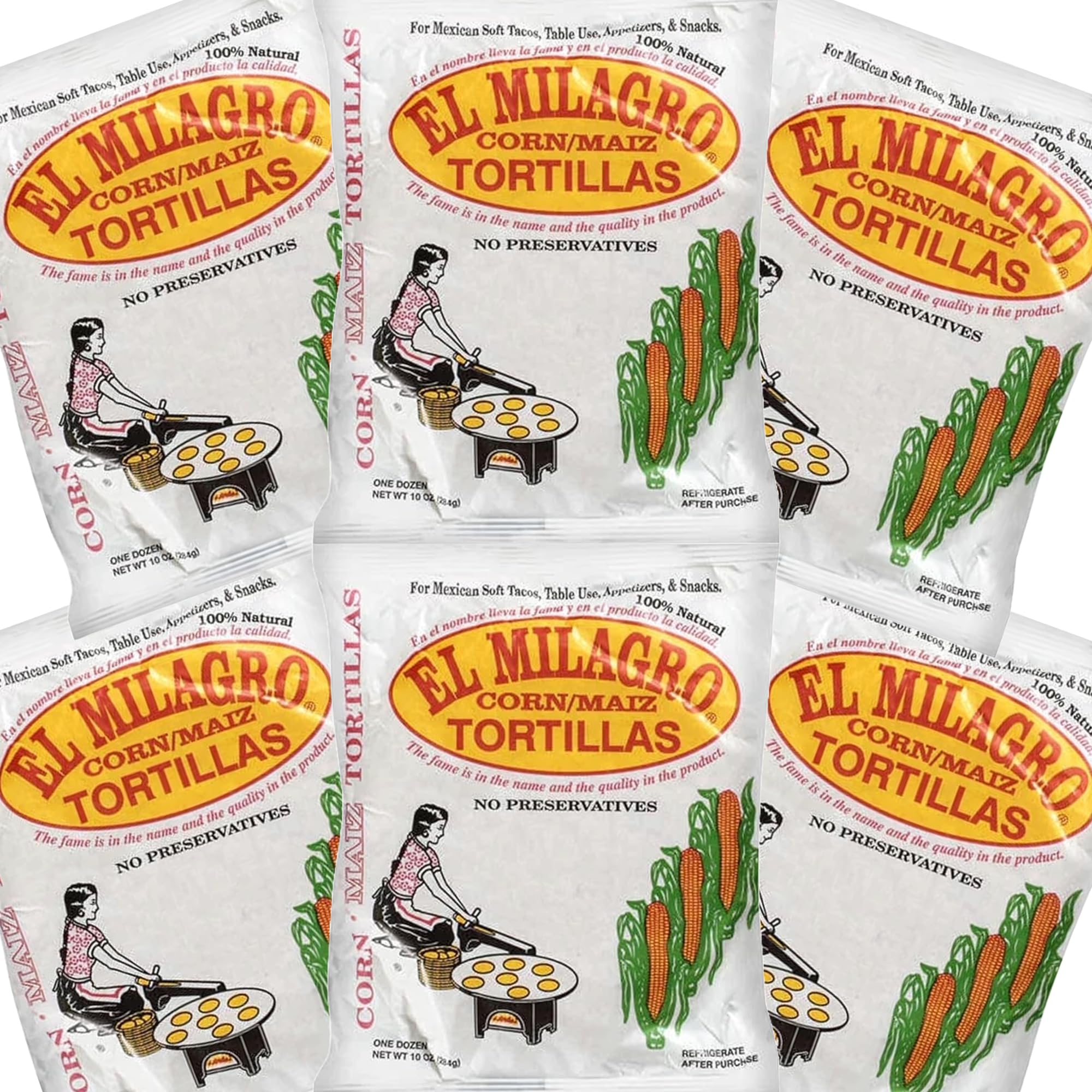 El Milagros Corn Tortillas, No Preservatives, Non-GMO, Fresh from Chicago - 6 Packages (72 Tortillas) (6 Pack Paper)