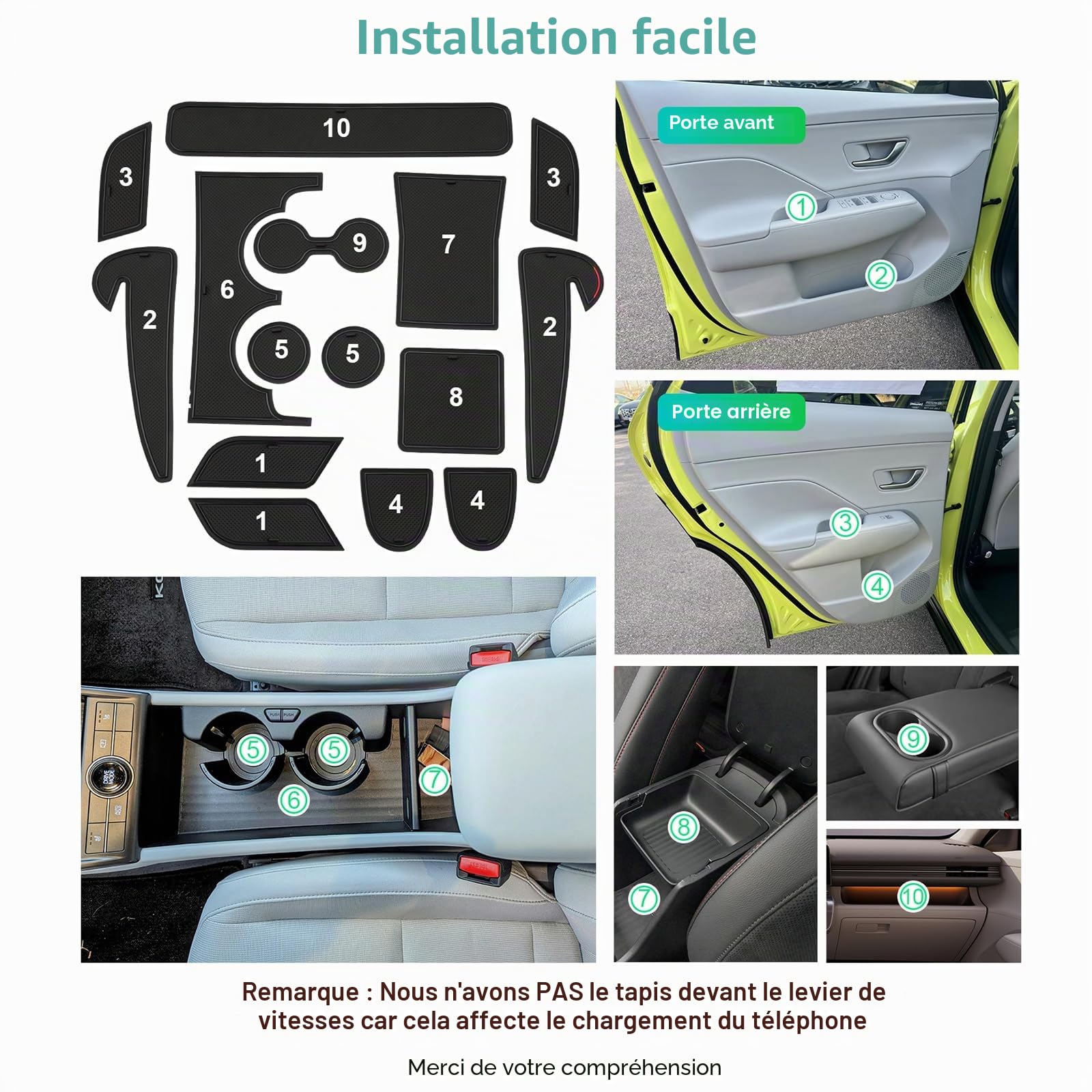 GAFAT Compatible avec Hyundai Kona SX2 Hybird (Essence-Électronique) 2024 2025 2026 Tapis Antidérapants, Kona 2025 Tapis en Caoutchouc, Console Centrale, Couture de Porte, Kona SX2 Accessoires (Noir)