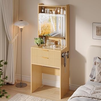 3 in 1 Vanity, Make up Vanity Desk with Mirror and Lights, Vanity Desk with Drawers and Storage, Modern Dressers for Bedroom, Wooden Dressing TableNo Stool