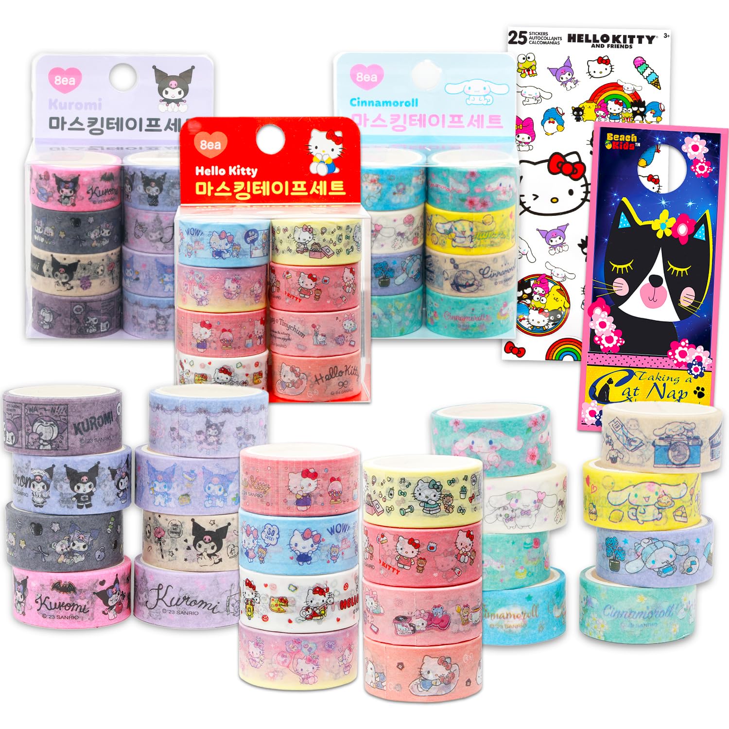 Sanrio Washi Tape Variety Pack - Bundle of 24 Cinnamoroll, Hello Kitty Kuromi Masking Tape Rolls - DIY Crafts, Scrapbooking, Journals, More Stationery