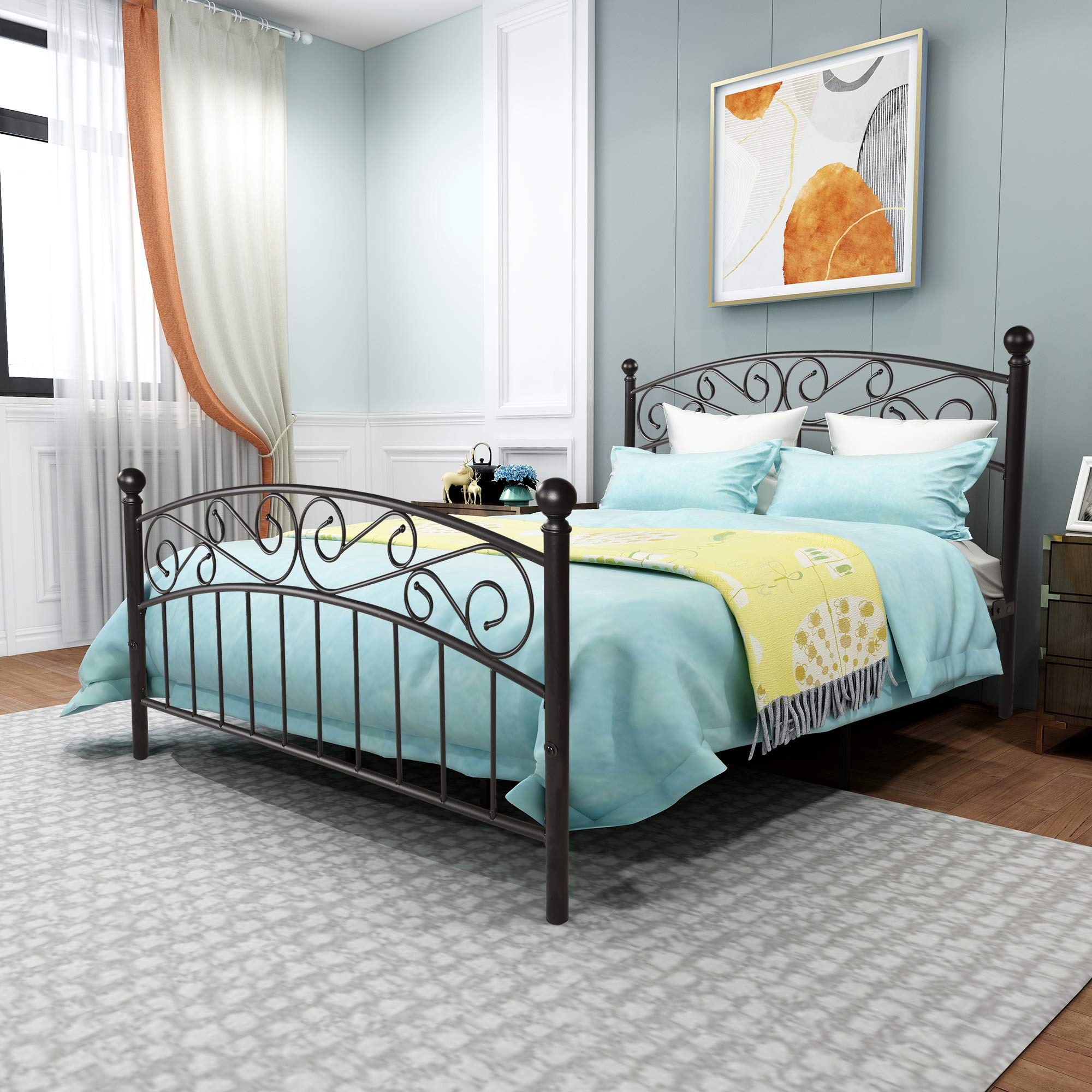 Buy HOJINLINERO Metal Bed Frame Queen Size with Vintage Headboard and