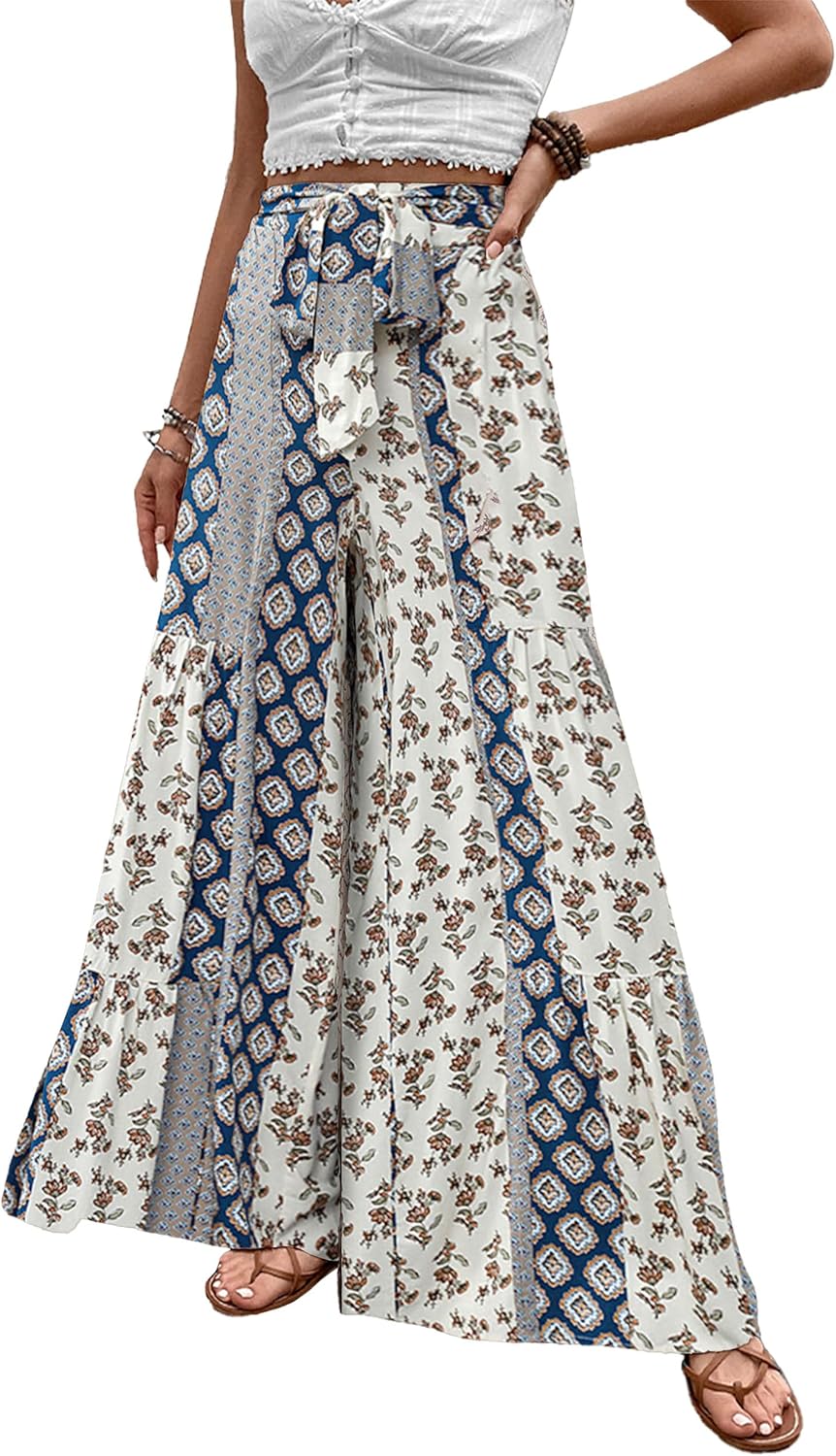 Women Casual High Waist Wide Leg Pants Boho Vacation Printed Loose Flowy Trousers with Pocket