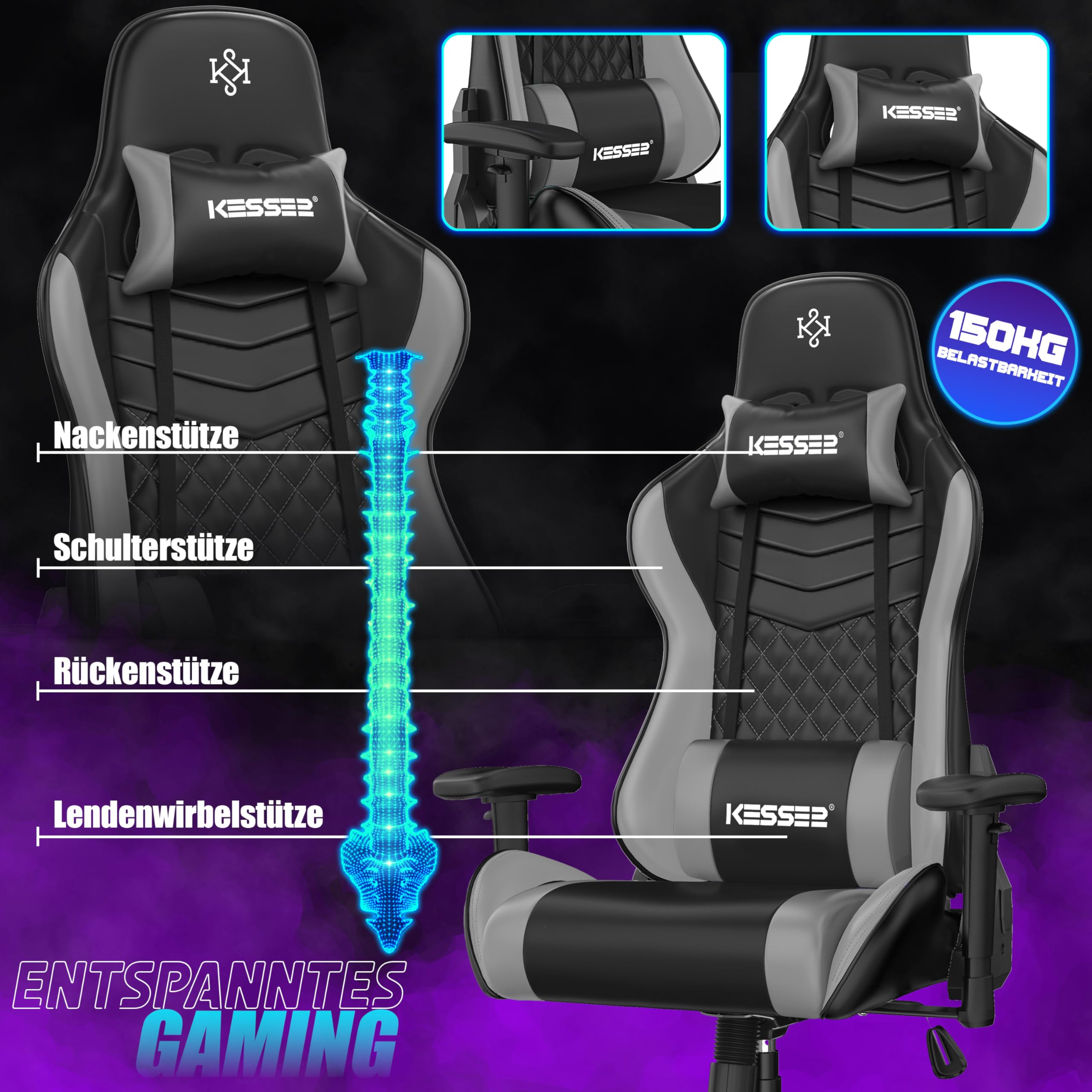 KESSER Silla de gaming ergonómica con reposacabezas y cojín lumbar, soporta hasta 150 kg, reposabrazos 360°, giratoria, con ruedas de goma