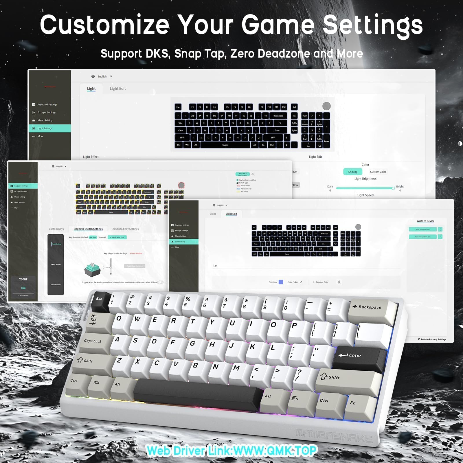 ATTACK SHARK x MAMBASNAKE X60HE Magnetische Tastatur mit X11 Gaming-Maus, kabelloses Tastatur- und Maus-Set, BT/2.4G/USB-C, Rapid Trigger, 8K Polling-Rate, PAW3311, 22000 DPI, ultraleichte Maus–Weiß