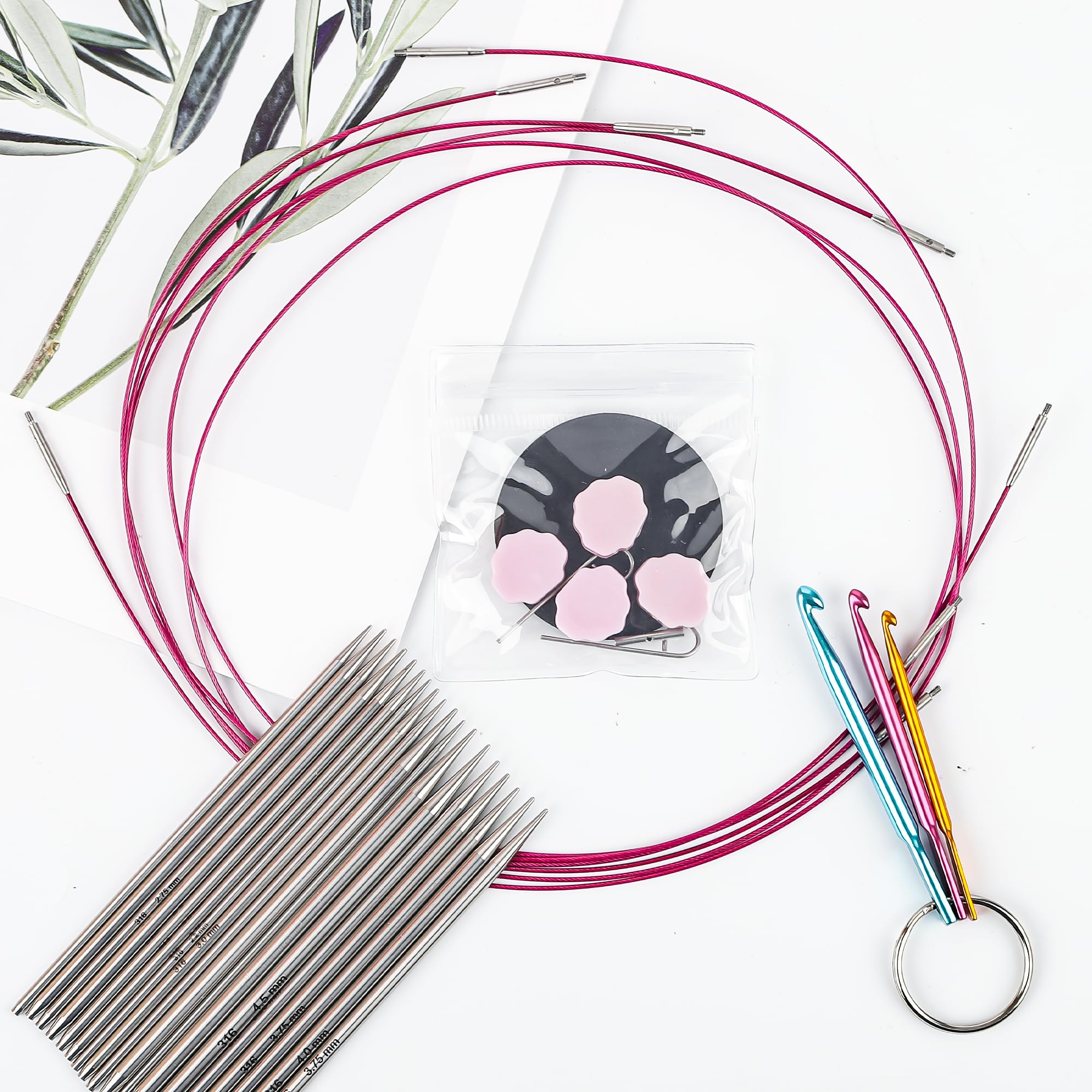 Juego de 9 pares de agujas circulares intercambiables con ganchos de ganchillo y funda, acero inoxidable y aluminio para principiantes y avanzados, ideal para proyectos de tejer y suéteres
