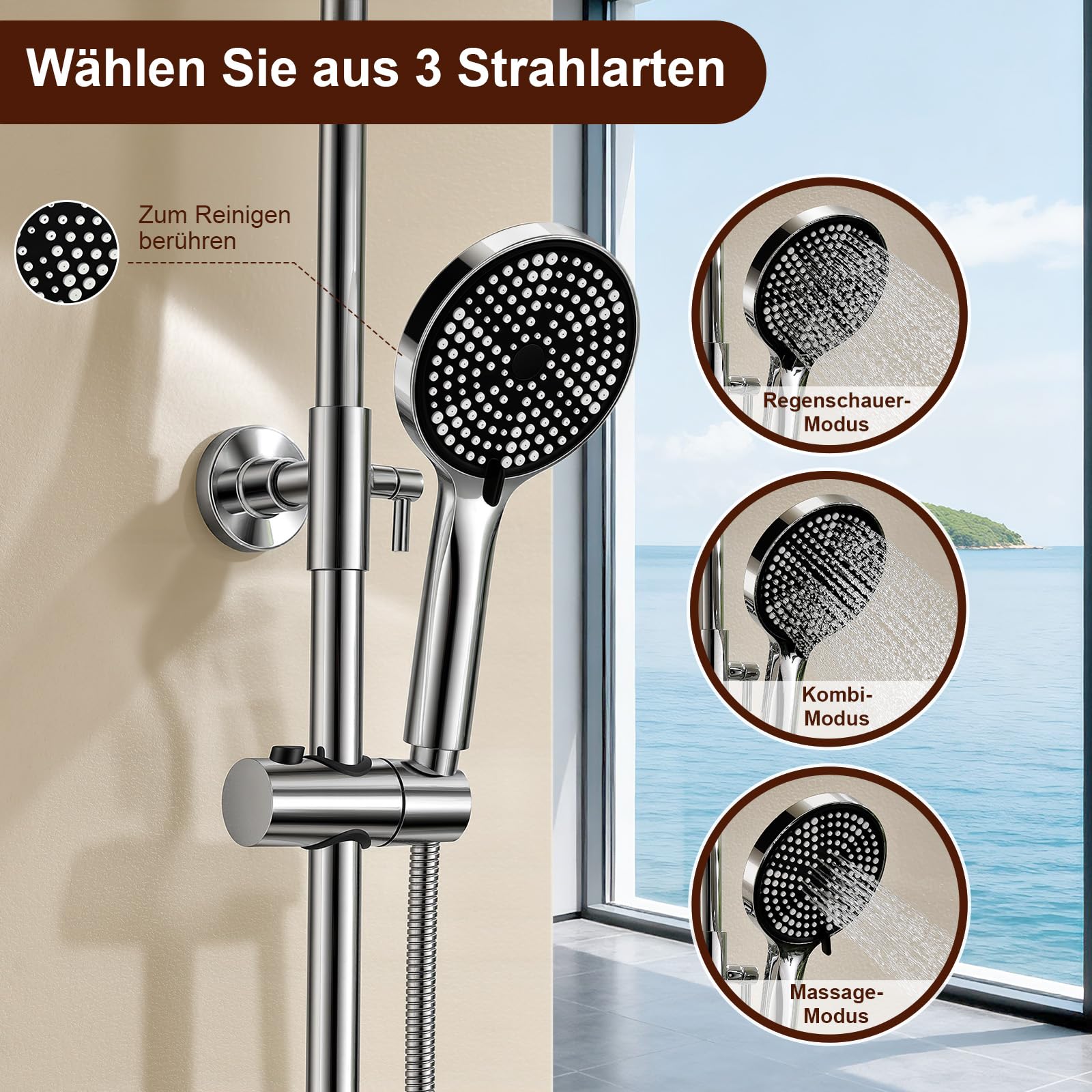 Duschsystem Komplettset Mit Thermostat 25cm Regendusche & 3 Strahlarten-Handbrause Thermostat mit rutschfestem Drehknopf & Anti-Verbrühung Höhenverstellbar Edelstahl Wassersparend