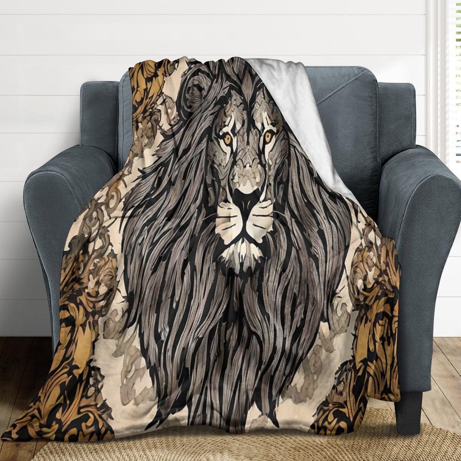 Couverture flanelle polaire chaude motif lion pour canapé et TV